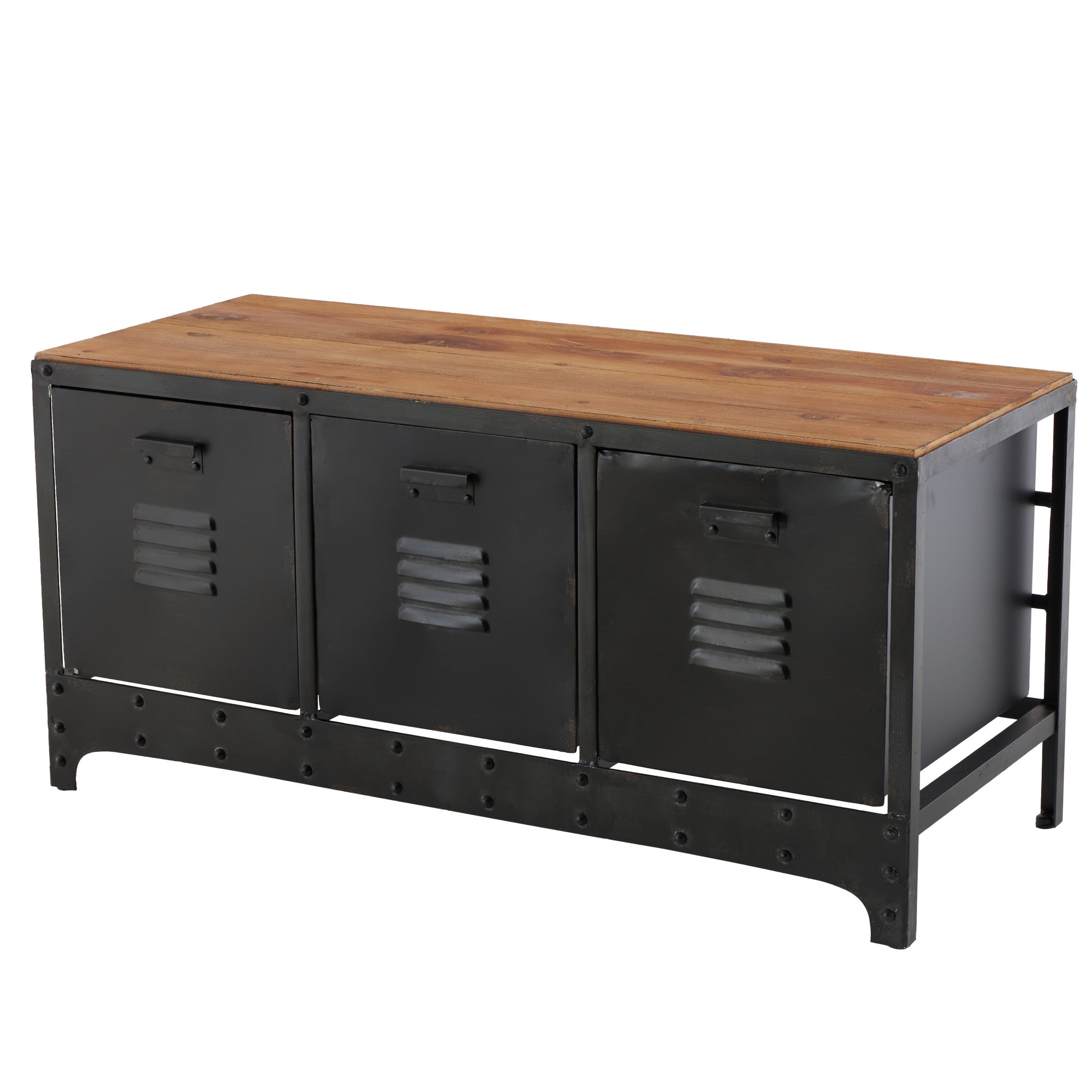 Black Metal Low Profile 3 Drawer Room Storage Bench with Brown Wood Top