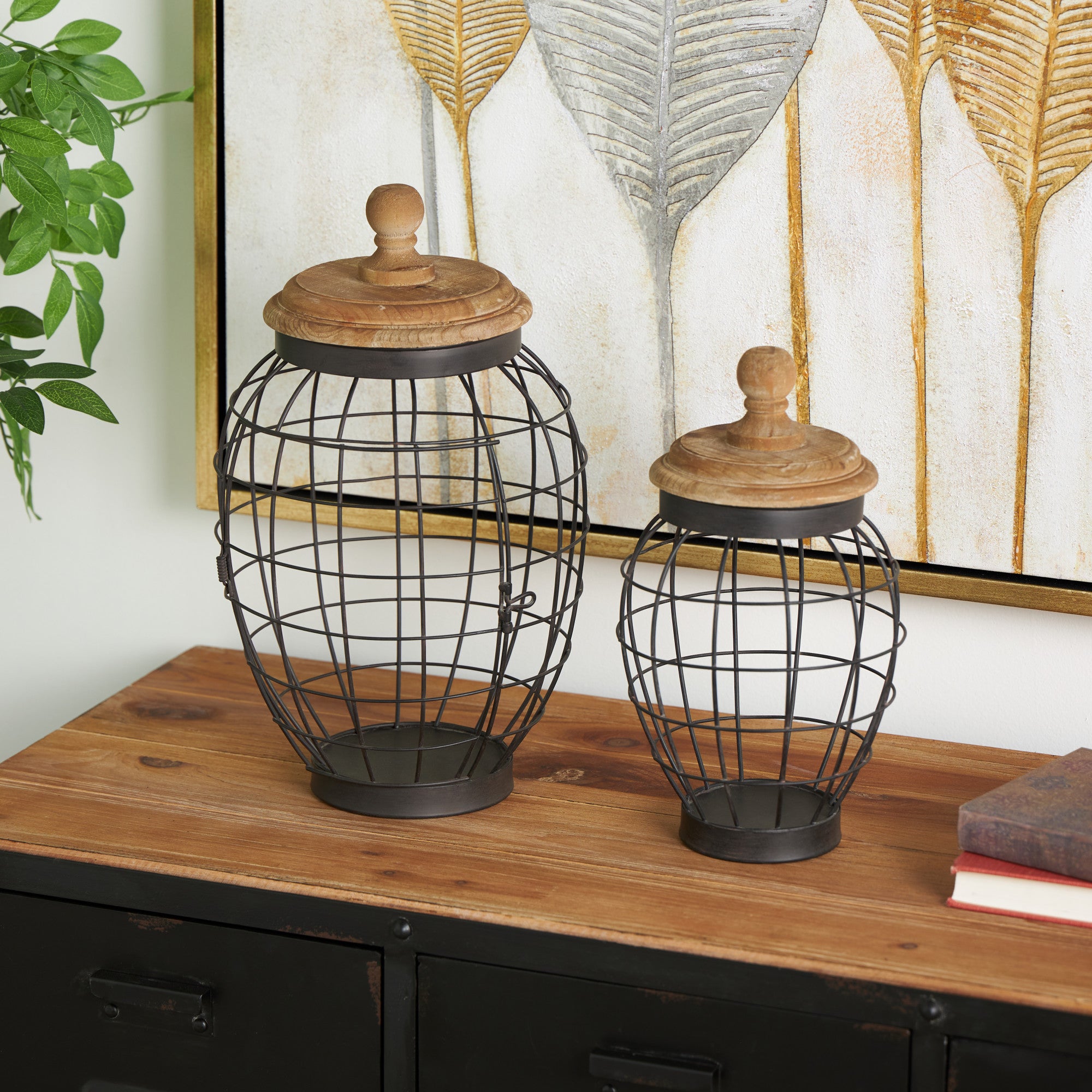 Set of 2 Black Metal Wire Caged Living Room Decorative Jars with Wooden Lids