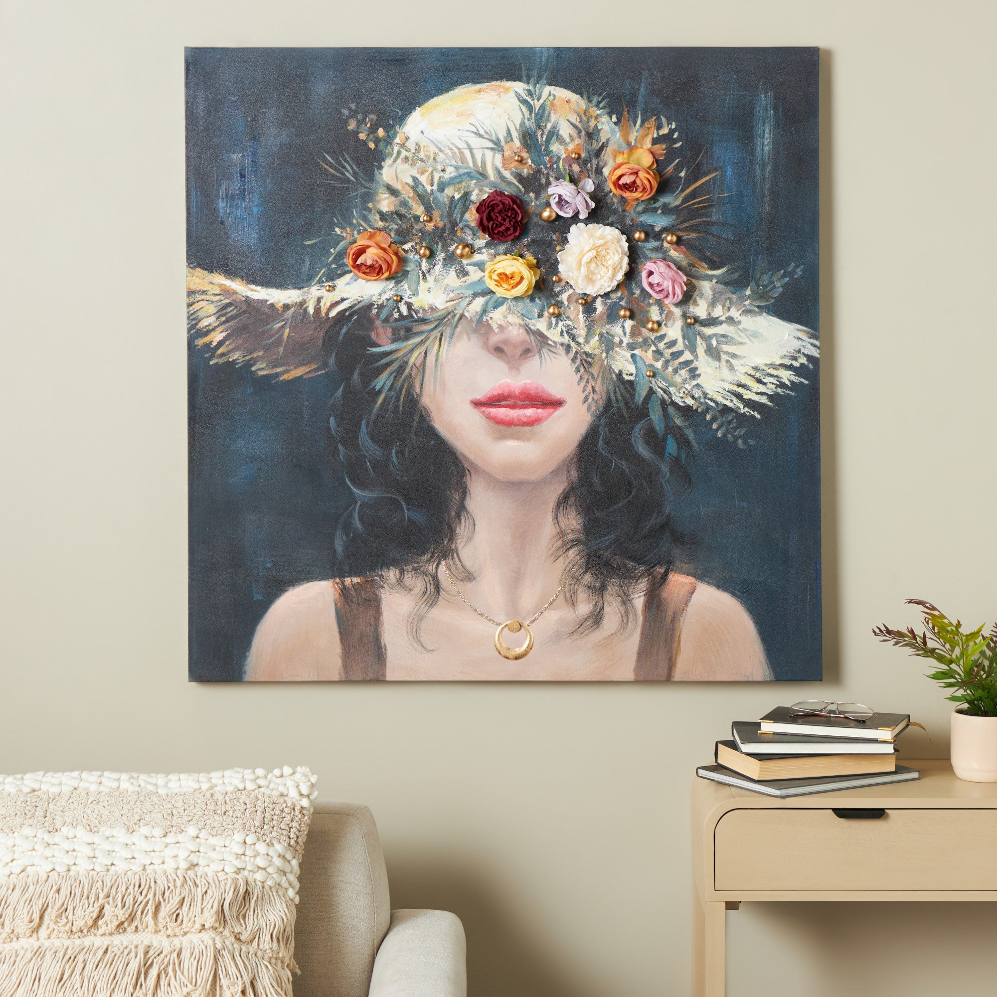 Woman Multi Colored Canvas Decorative Wall Art with 3D Multicolor Flowers and Gold Jewels