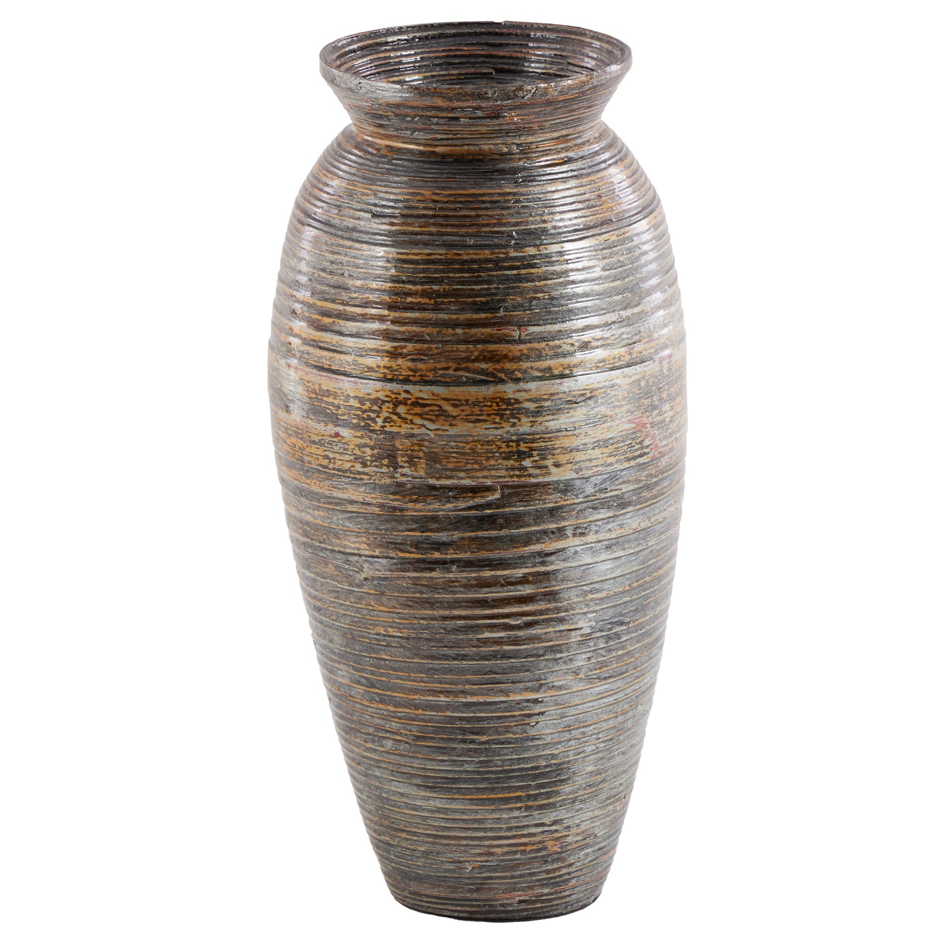 Brown Bamboo Wood Textured Decorative Vase with Lacquer