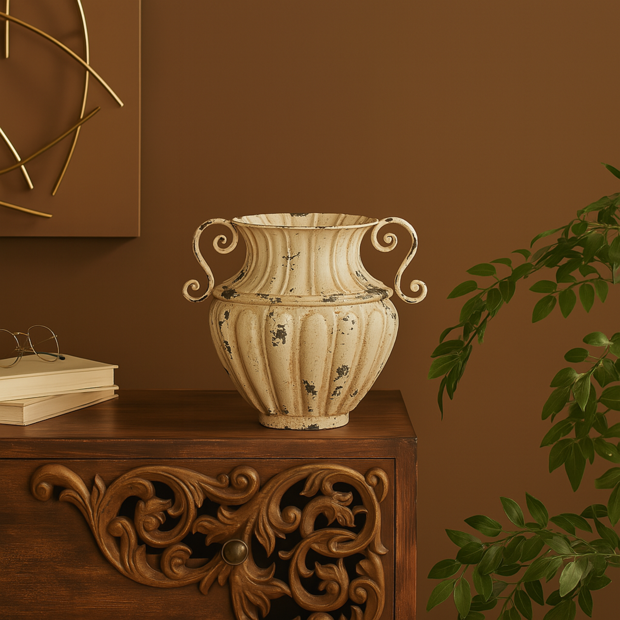 Scroll Cream Metal Vintage Amphora Decorative Vase with Brown and Teal Distressing and Scroll Handles