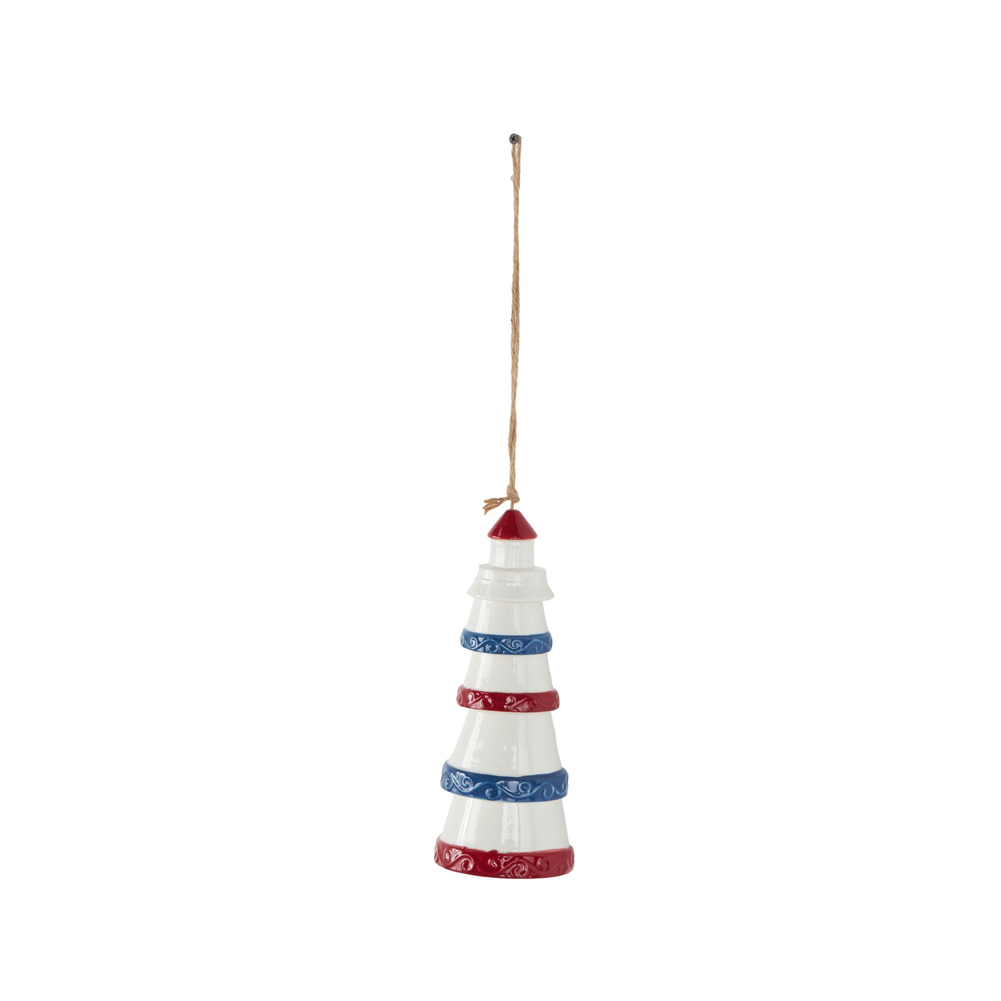 Light House White Ceramic Indoor Outdoor Windchime with Brown Rope and Blue and Red Accents