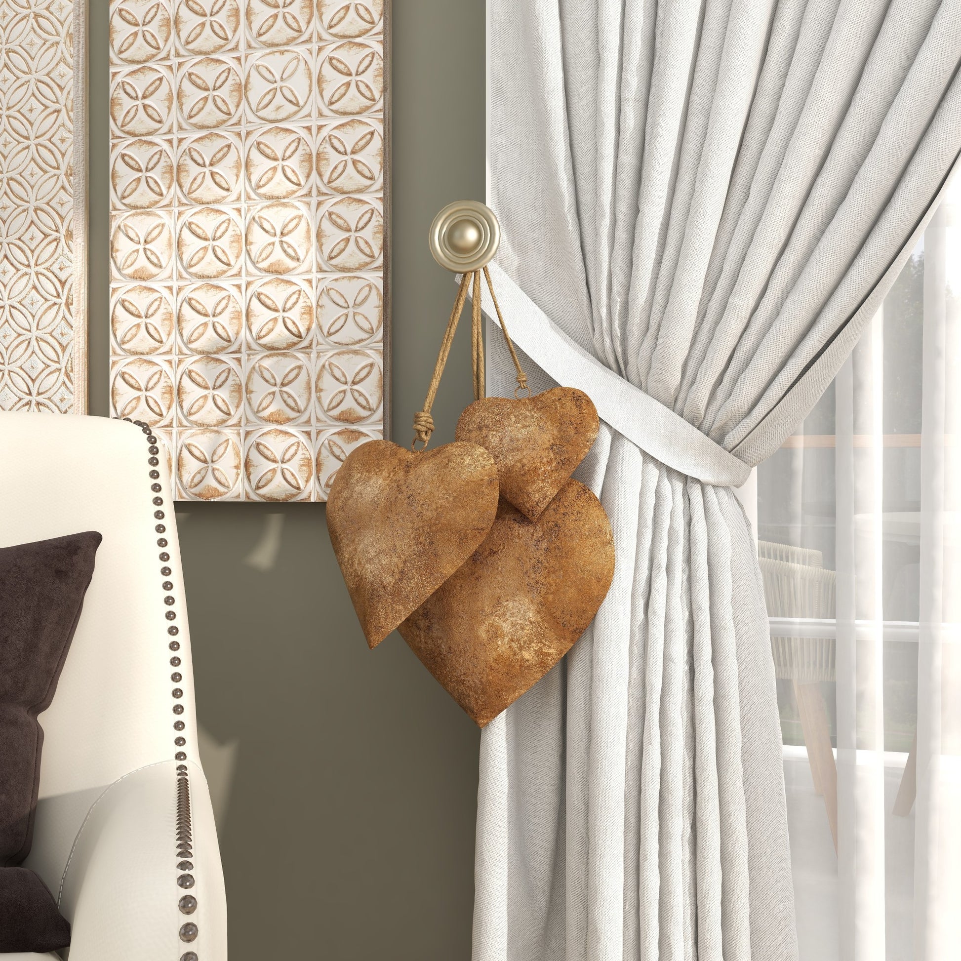 Set of 3 Heart Metal Tibetan Inspired Weathered Indoor Outdoor Decorative Bells with Jute Hanging Rope