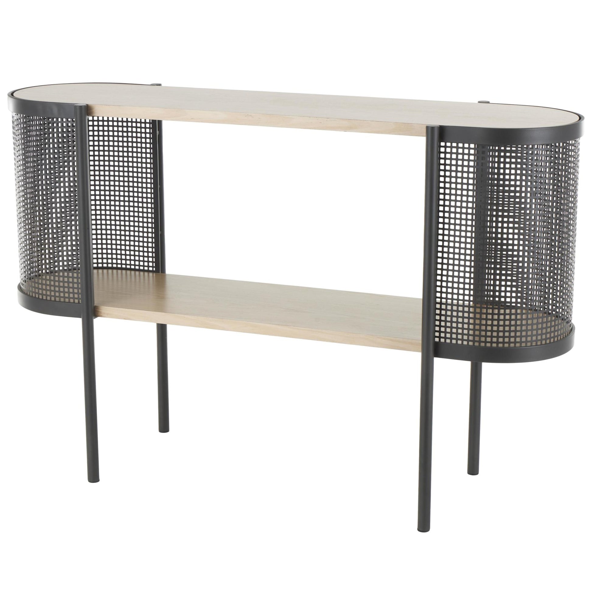Light Brown Wooden Oval Two-Toned Living Room Console Table with Mesh Side Panels and Brown Wood Tabletop