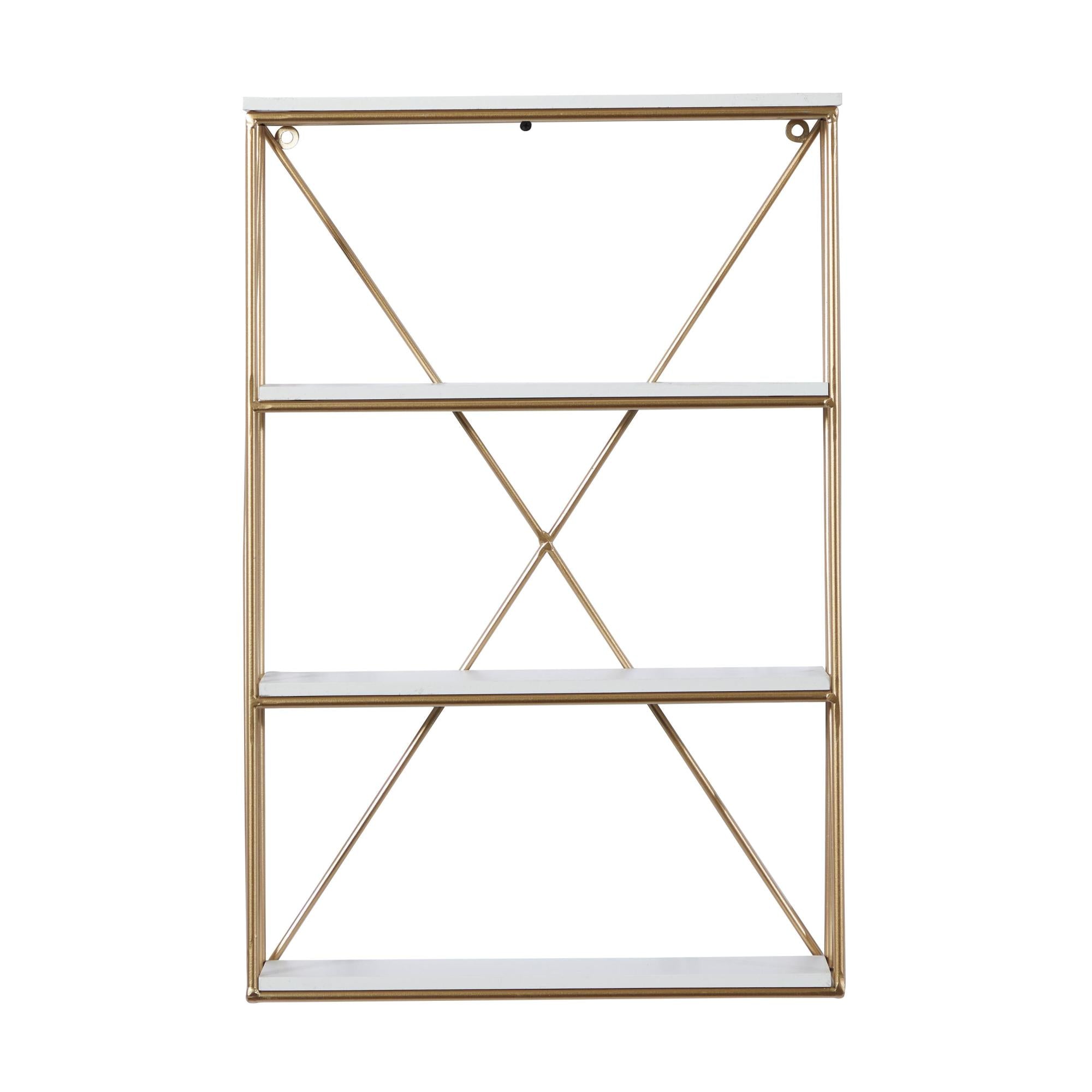 Gold Metal 3 Level Room Wall Shelf with White Wooden Shelves