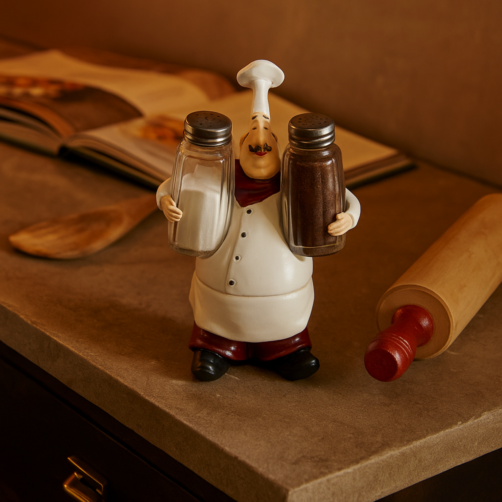 Chef White Polystone Figurine Decorative Salt and Pepper Shaker Holder with Red Accents