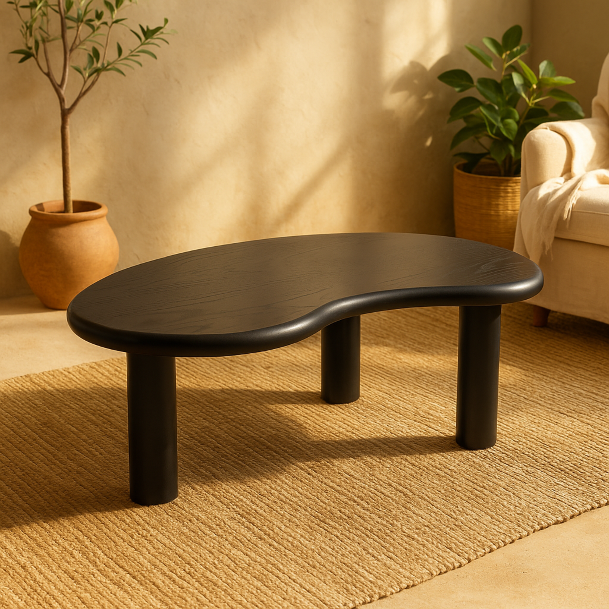 Black Wood Heart Inspired Living Room Coffee Table with 3 Legs