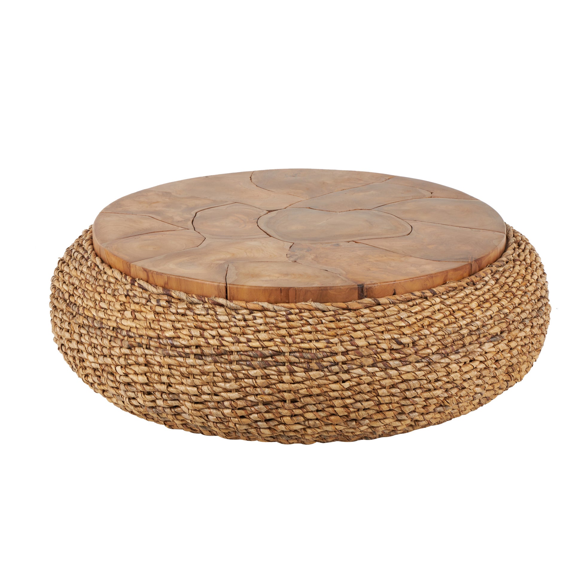 Brown Rattan Wrapped Living Room Coffee Table with Teak Tabletop