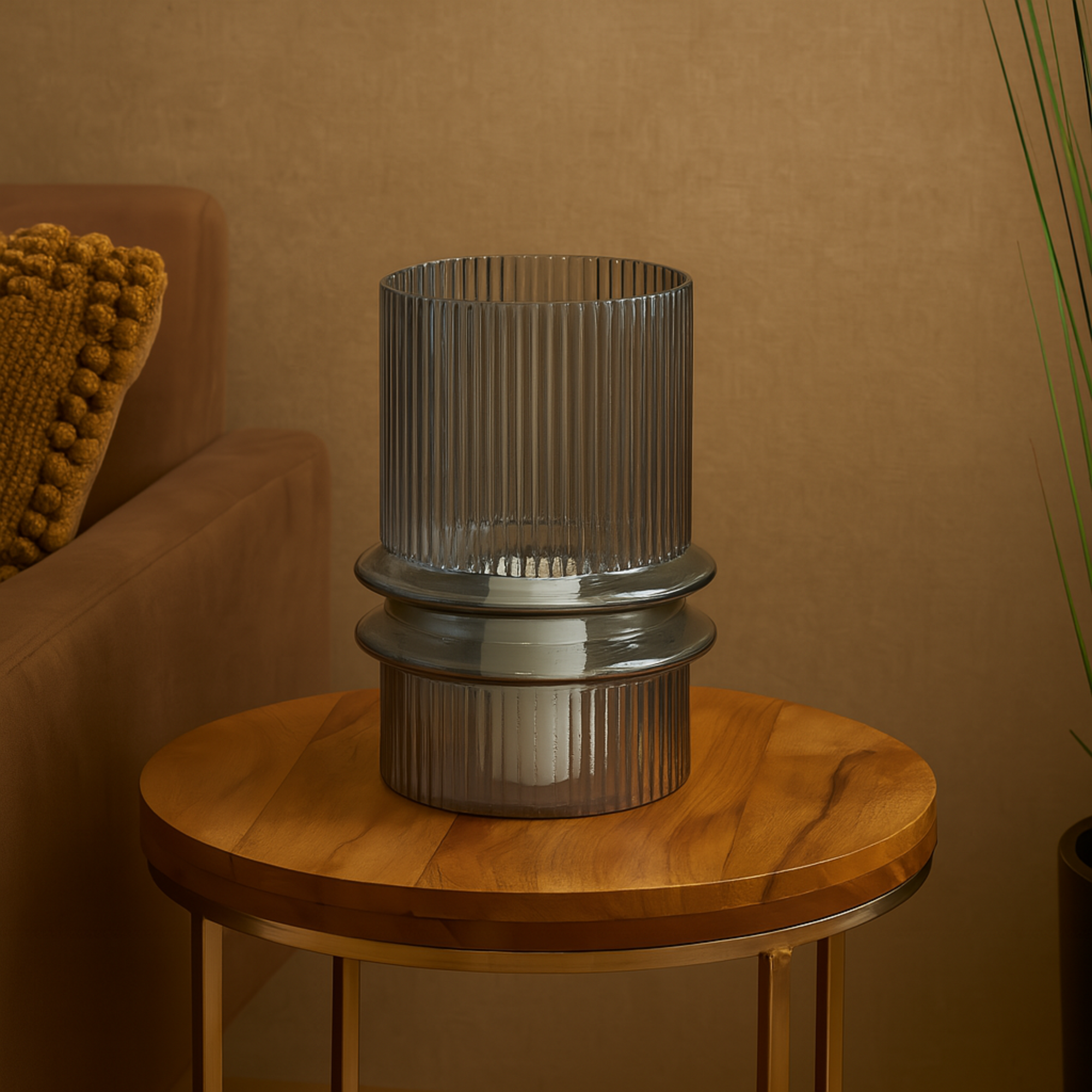 Gray Glass Wide Ribbed Decorative Candle Holder with Fluted Center