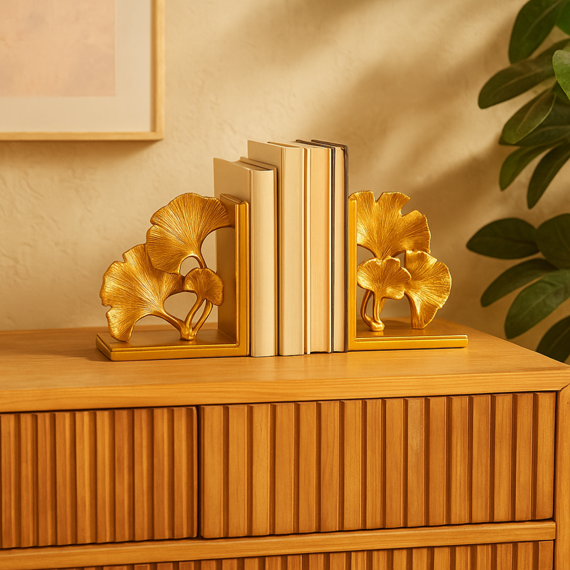 Set of 2 Tree Gold Polystone Ginkgo Decorative Bookends