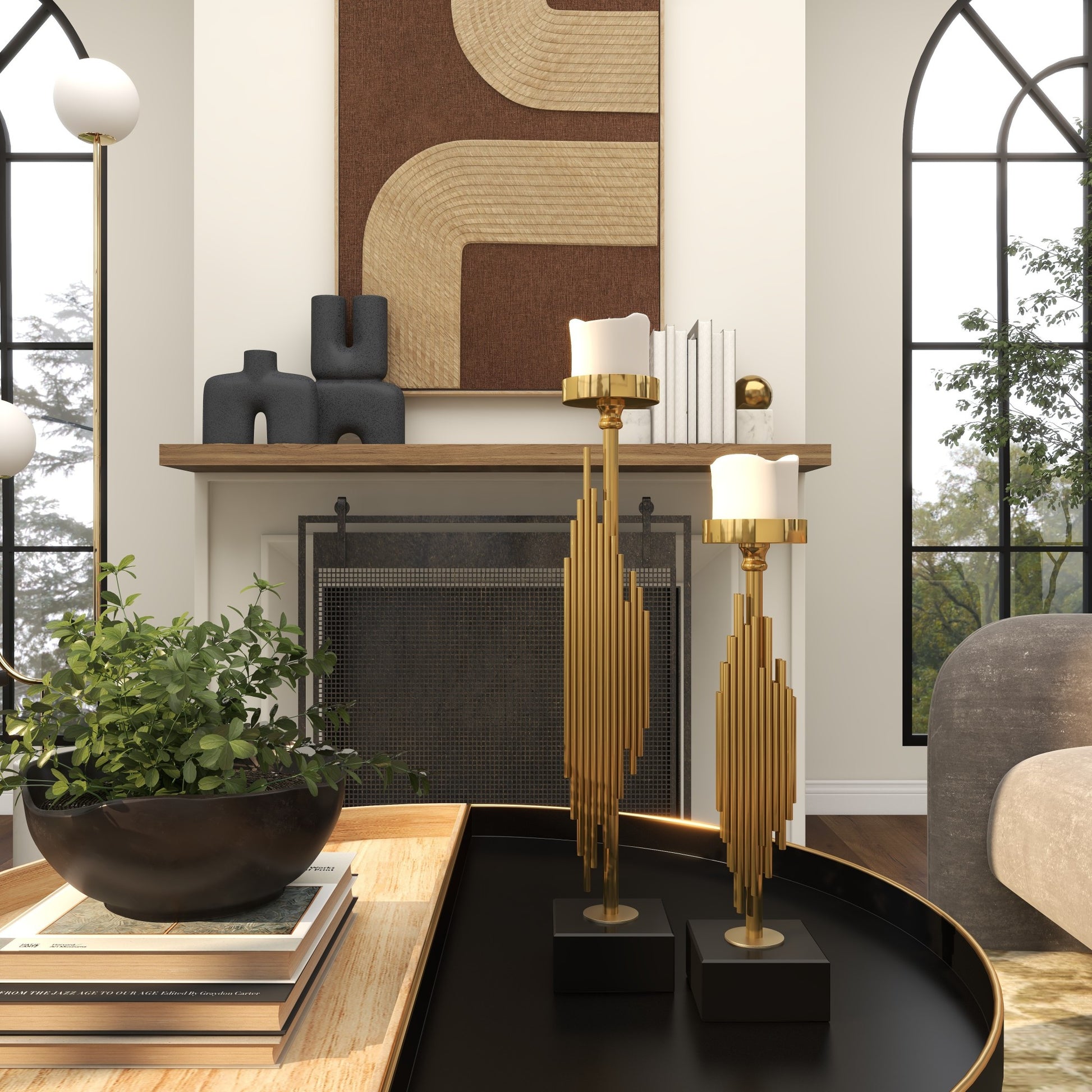 Set of 2 Abstract Gold Stainless Steel Metal Vertical Pipe Decorative Candle Holder with Black Marble Base
