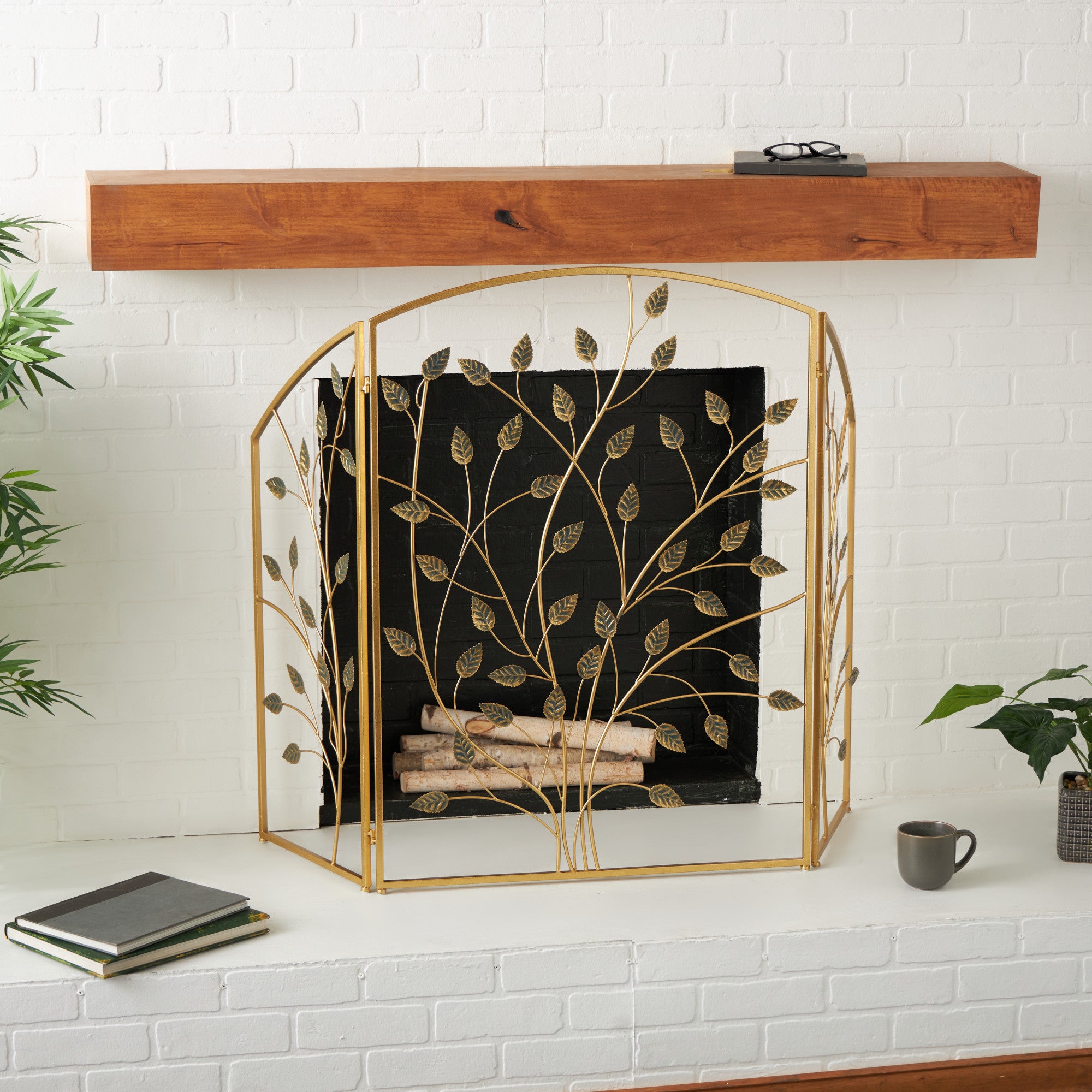 Leaf Gold Metal Foldable 3 Panel Living Room Fireplace Screen