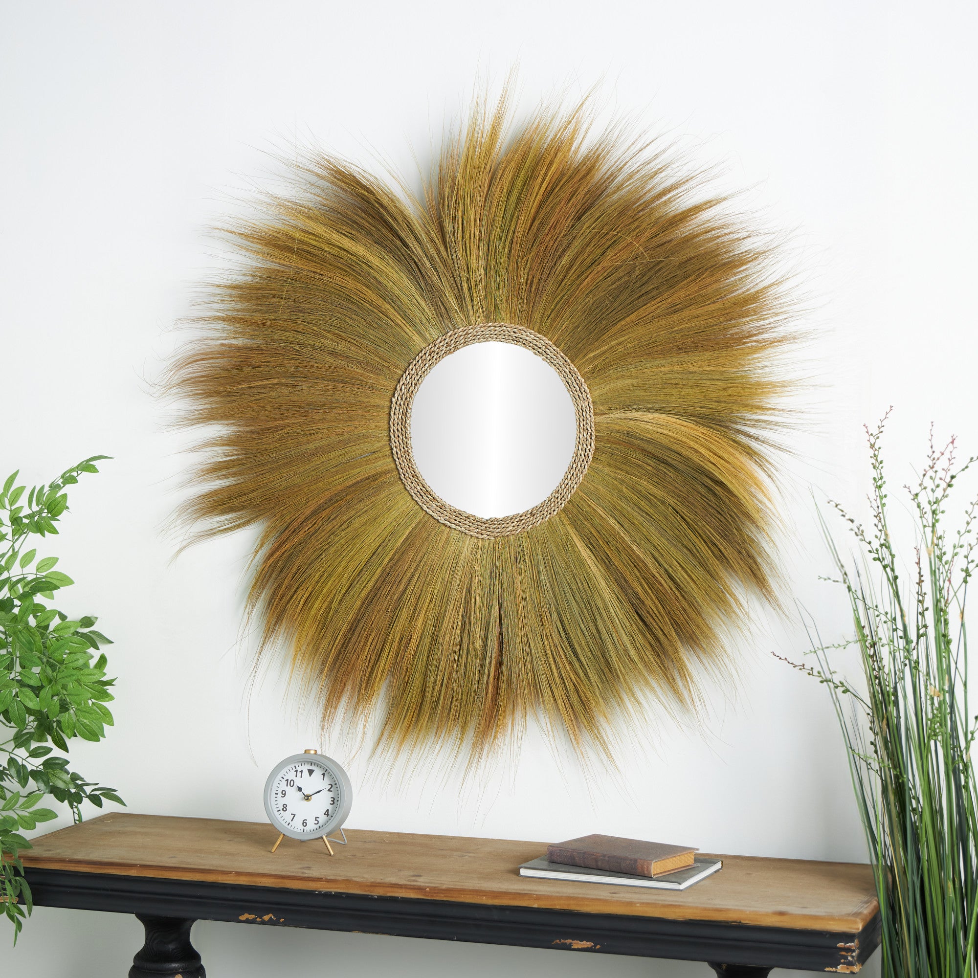 Brown Dried Plant Tribal Inspired Sunburst Grass Room Wall Mirror with Coiled Rope Center
