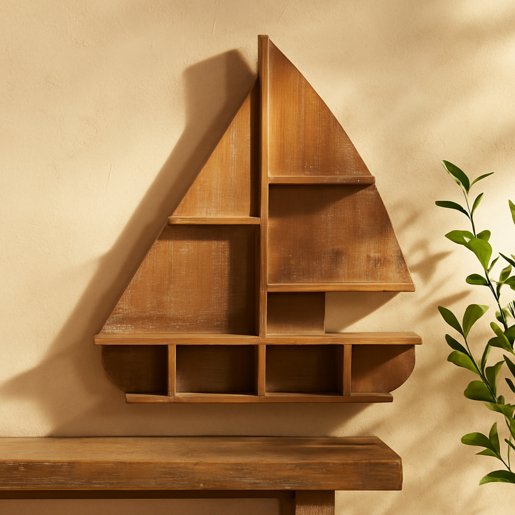 Sail Boat Brown Wood 8 Cubbies Room Wall Shelf