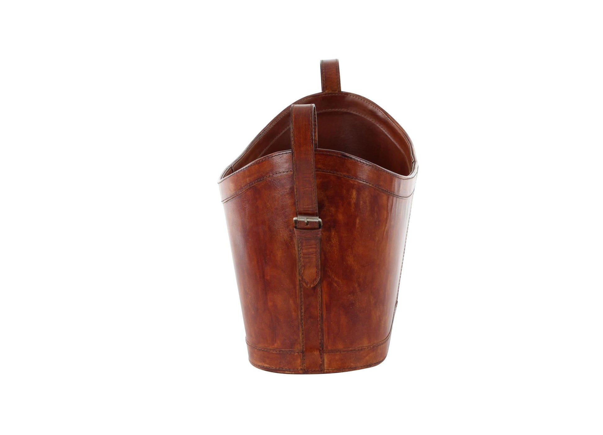 Brown Leather Handmade Curved Box Style Single Slot Decorative Magazine Holder with Buckle Handles