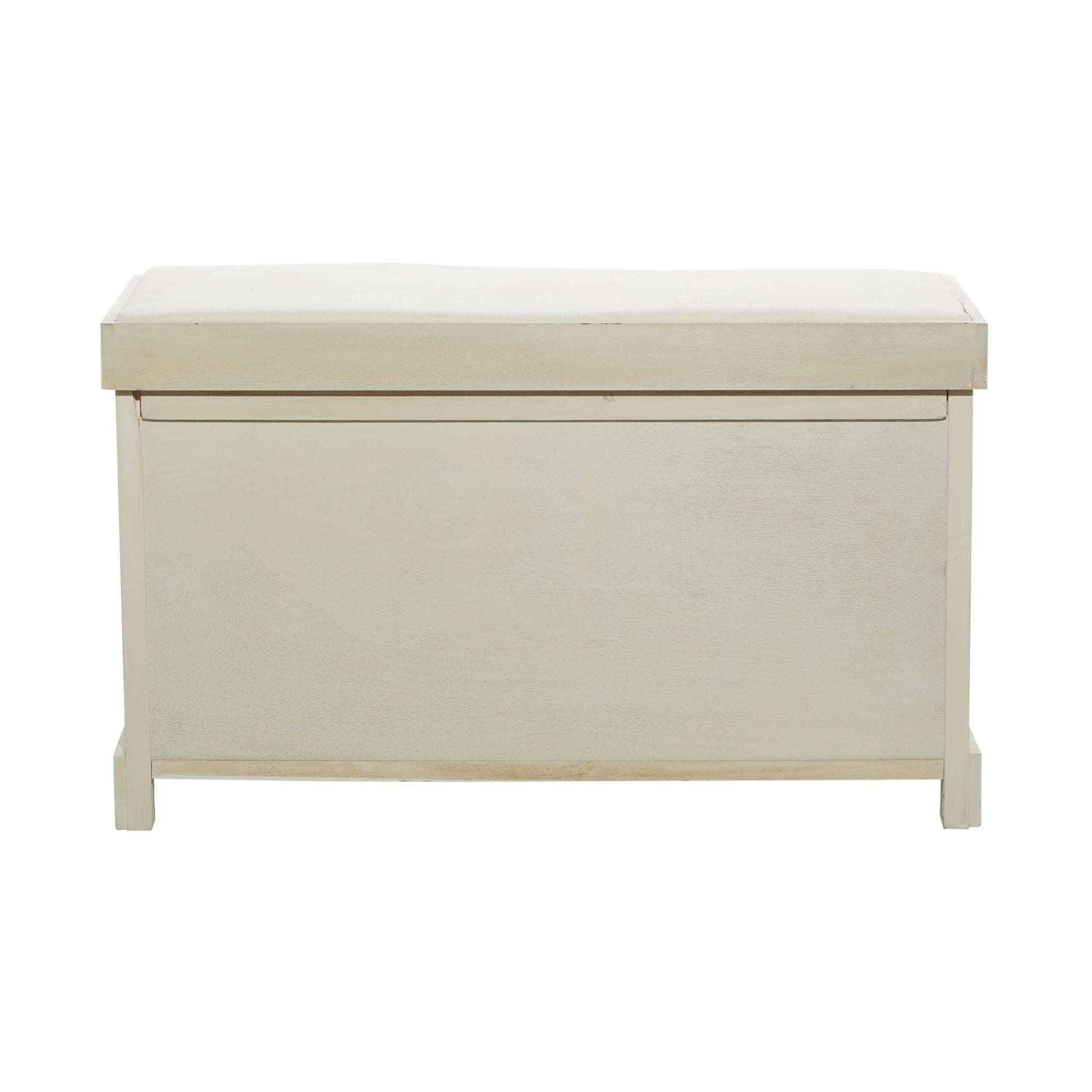 White Wood Room Storage Bench with Brown Seagrass Baskets and Cushioned Seat