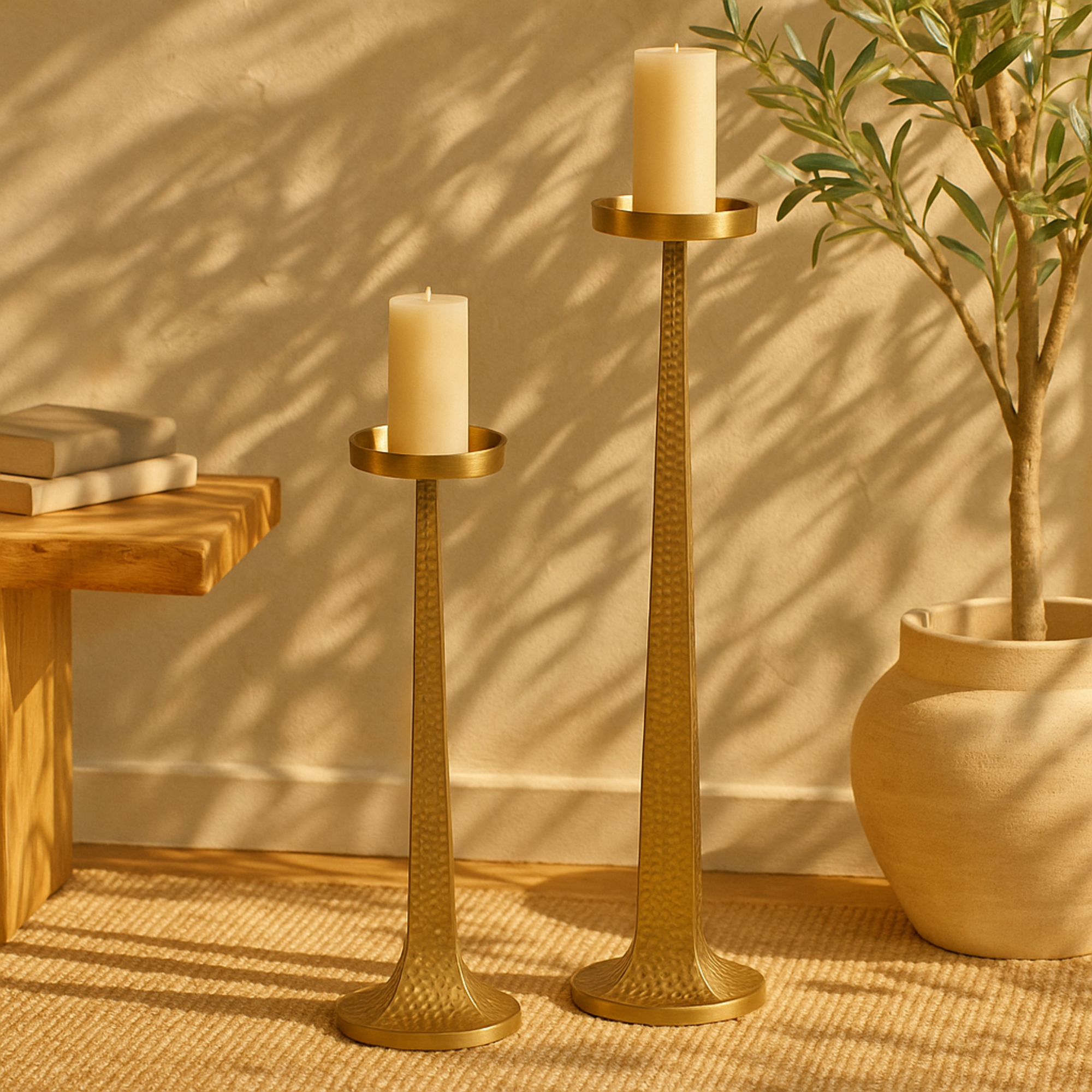 Set of 2 Gold Aluminum Metal Tall Hammered Decorative Candle Holder