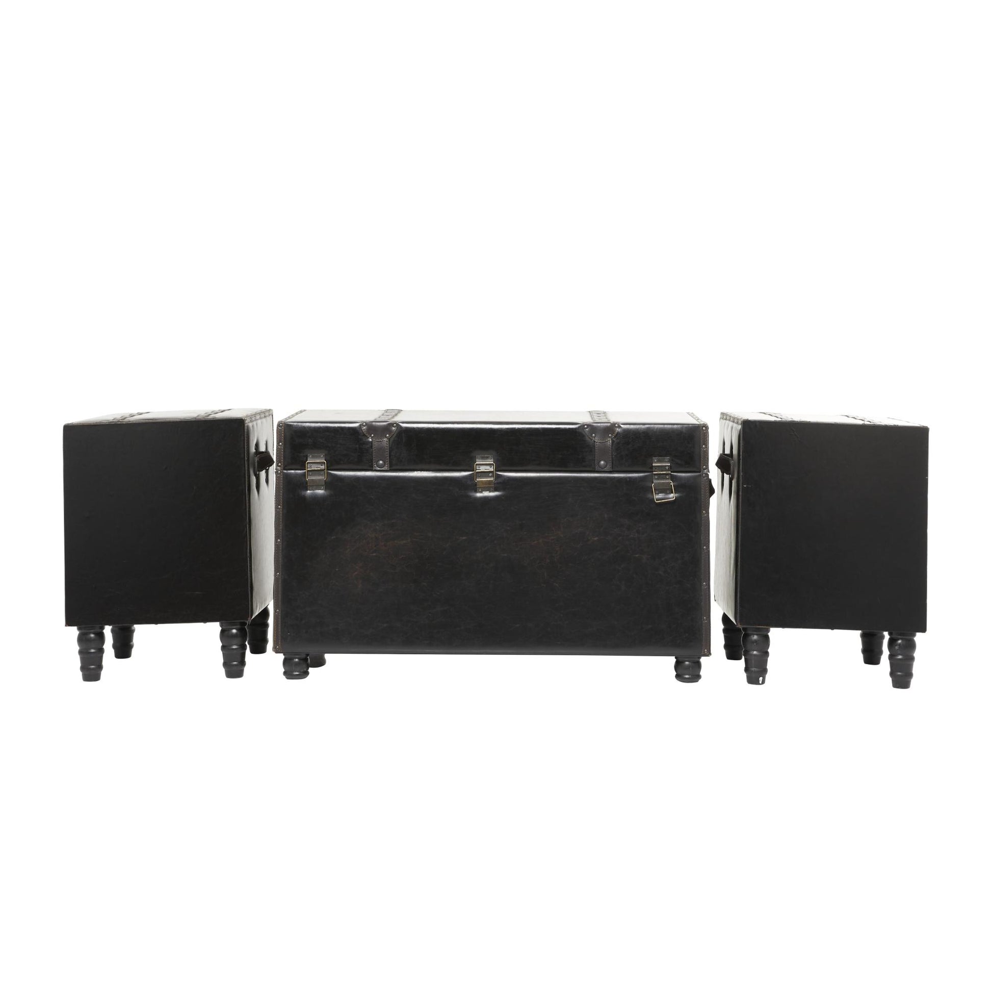 Set of 3 Brown Faux Leather Vintage 4 Drawer Room Storage Bench with Strap Handles and Turned Legs