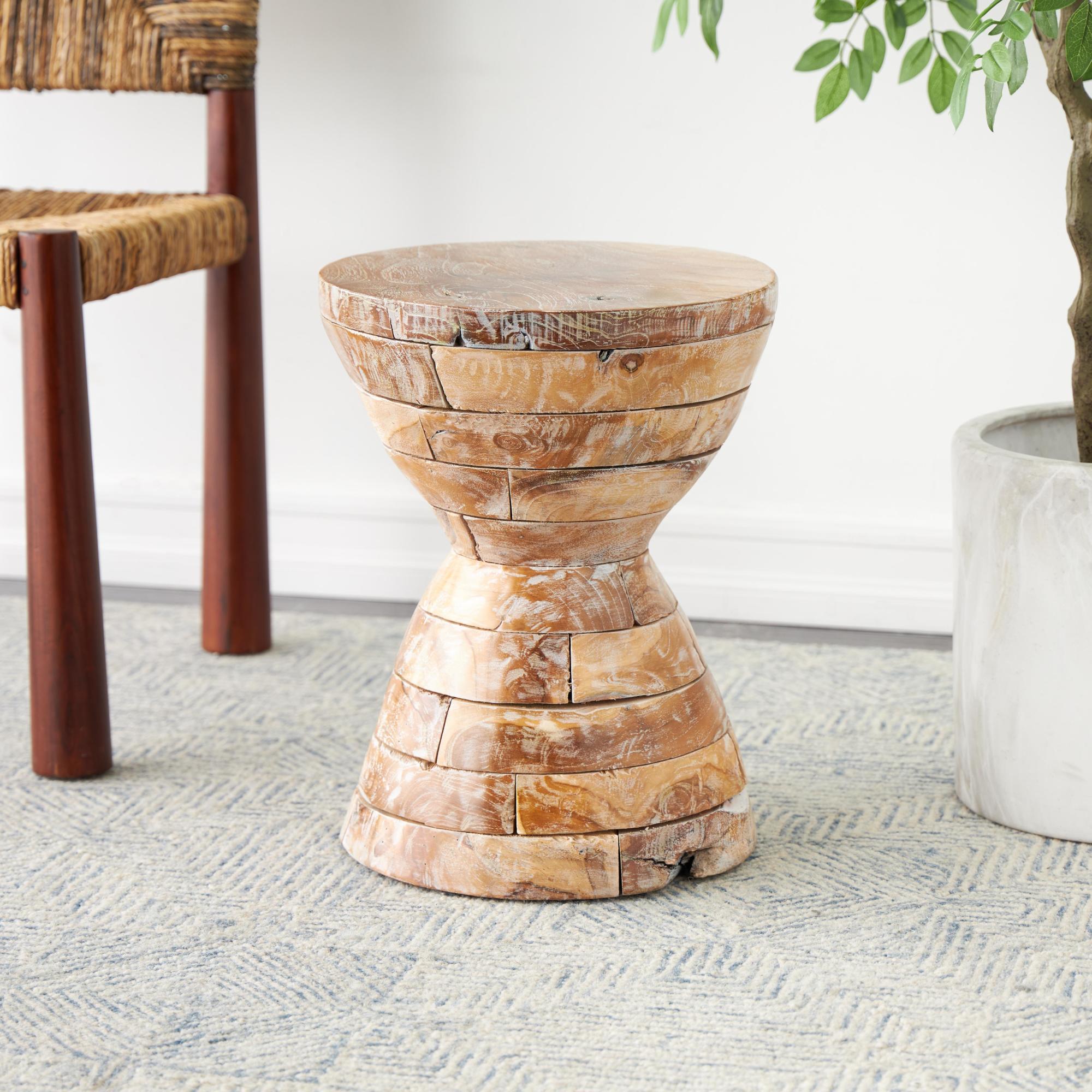 Geometric Teak Wood Handmade Hourglass Side End Accent Table with Stacked Wood Pieces