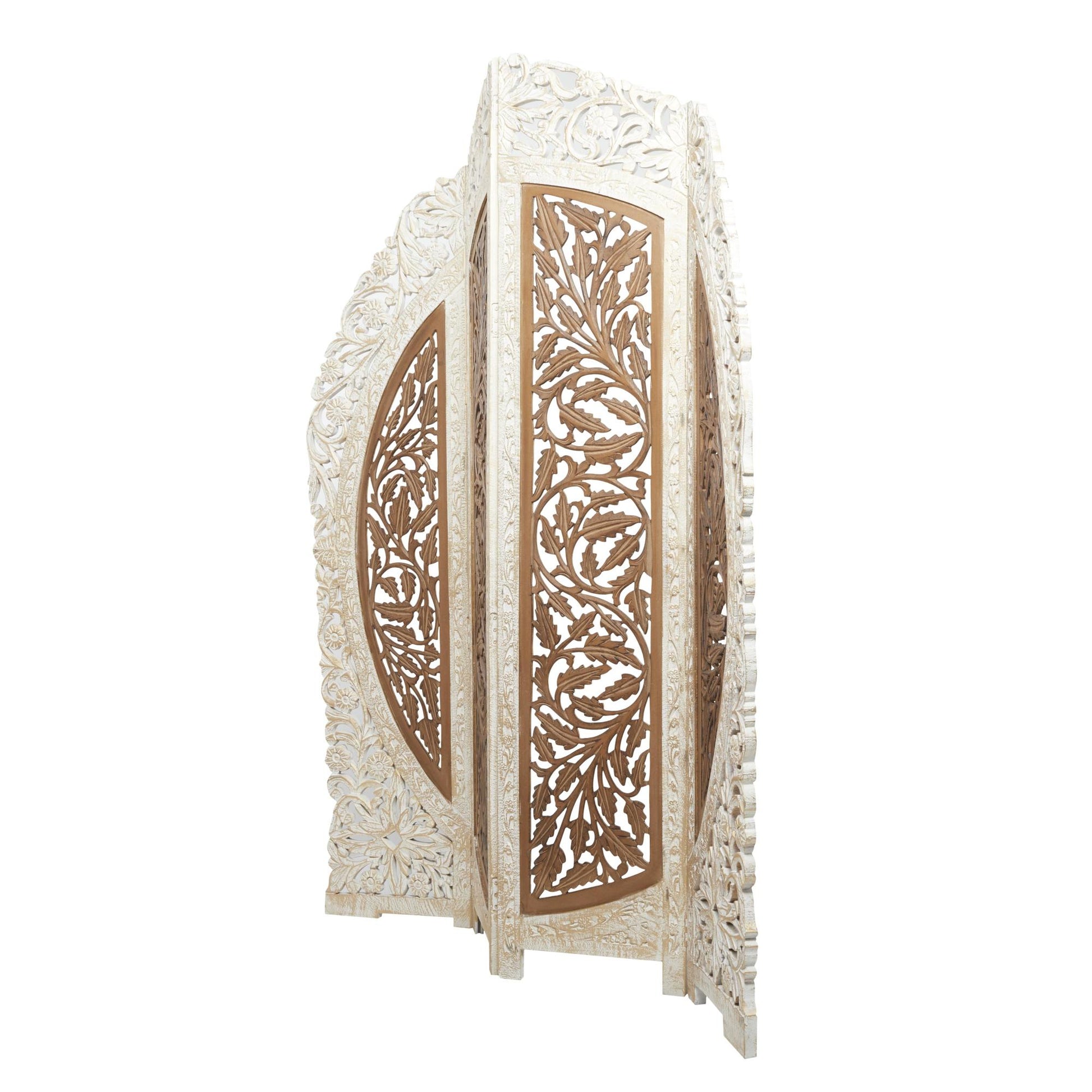 Floral Brown Mango Wood Handmade Foldable Partition 4 Panel Partition Room Divider Screen with Carved Designs