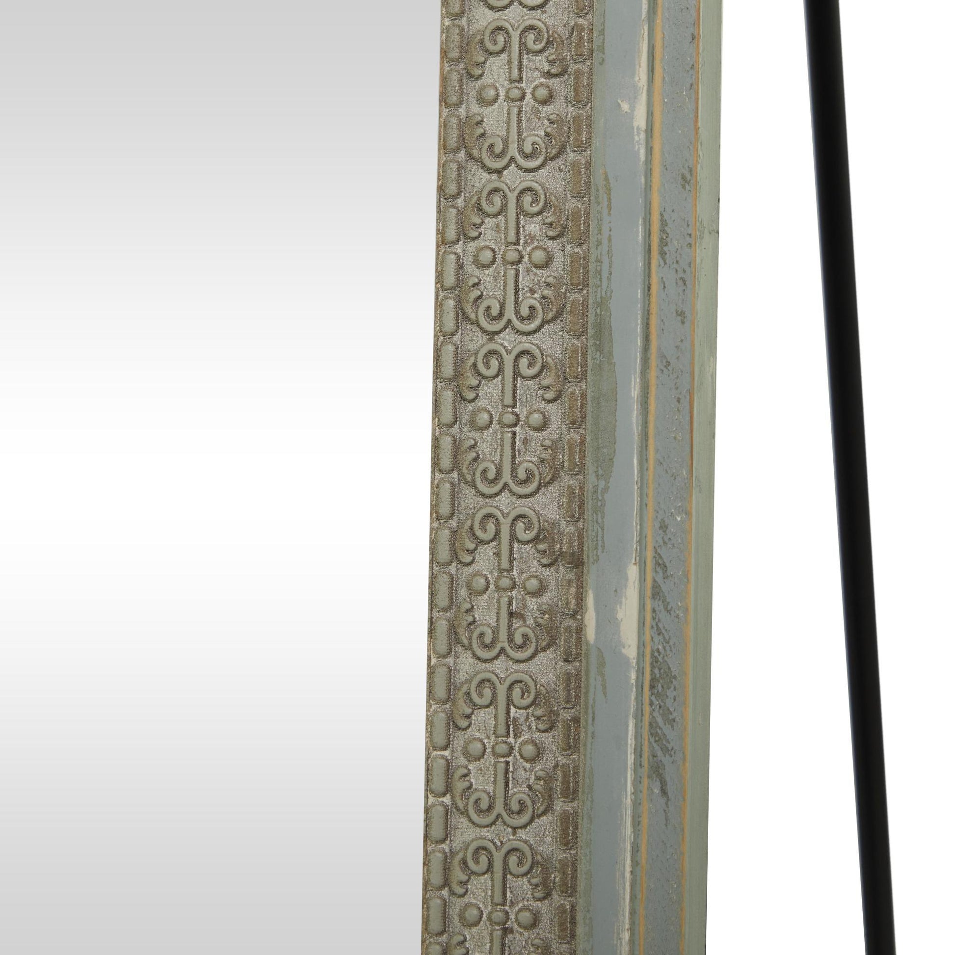 Floral Green Wood Embossed Room Floor Mirror with Black Metal Foldable Stand