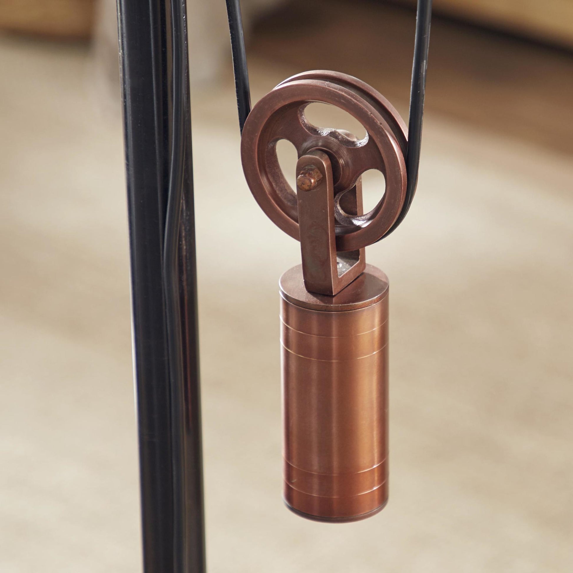 Black Aluminum Metal Pulley Room Floor Lamp with Copper Accents