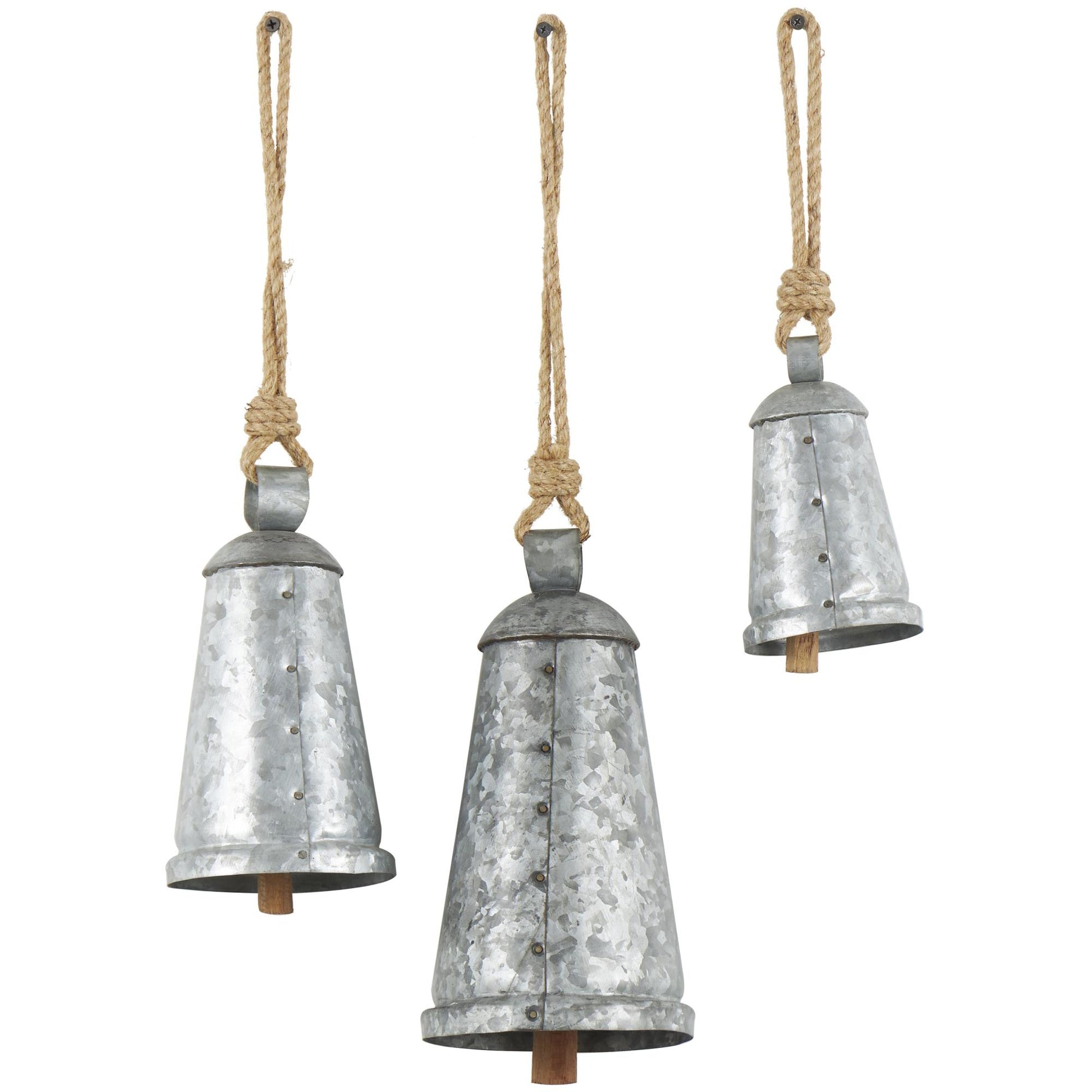 Set of 3 Metal Tibetan Inspired Indoor Outdoor Decorative Cow Bells with Jute Hanging Rope Set of 3 12",9",6"H