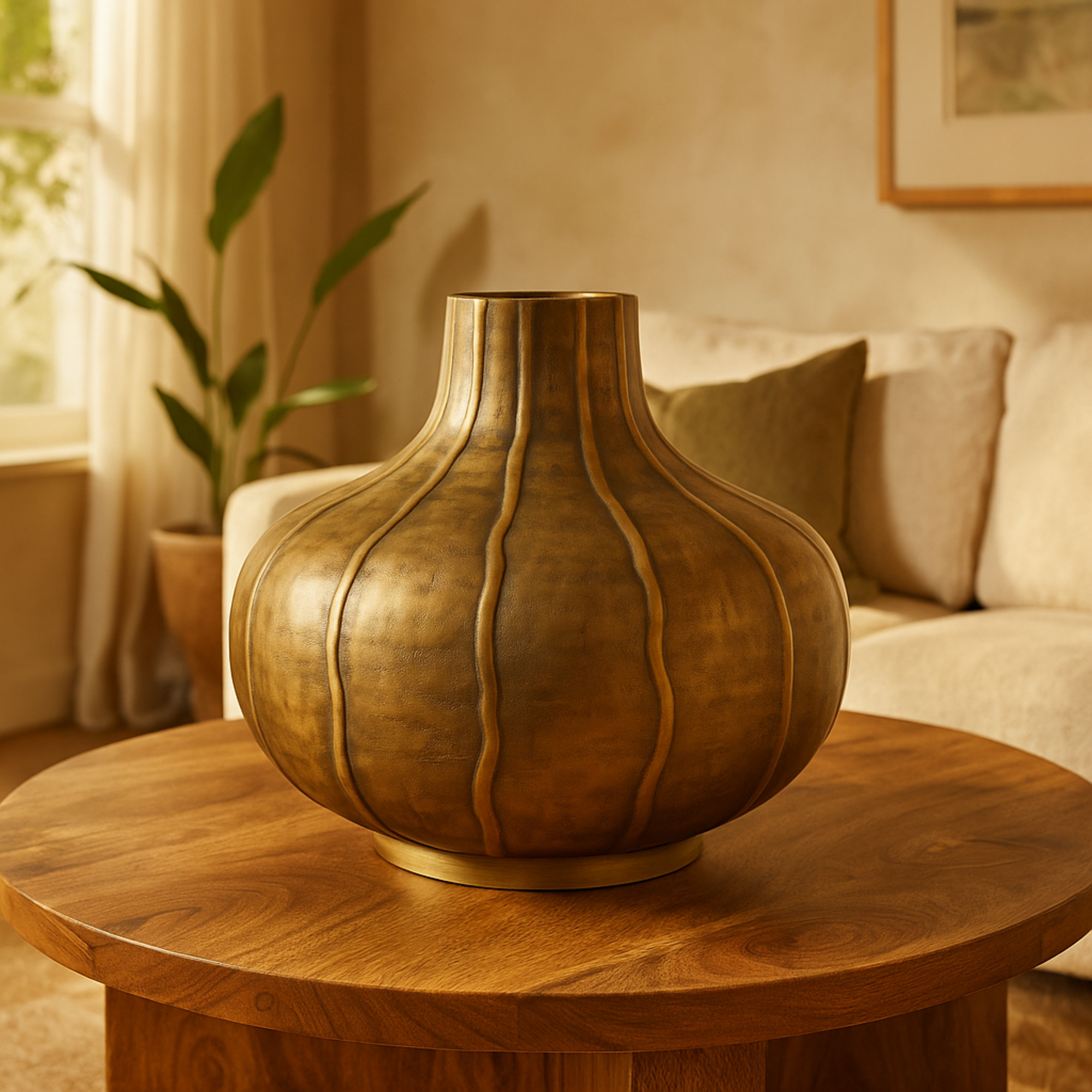 Brass Metal Wide Snakeskin Inspired Decorative Vase with Dimensional Wavy Accents