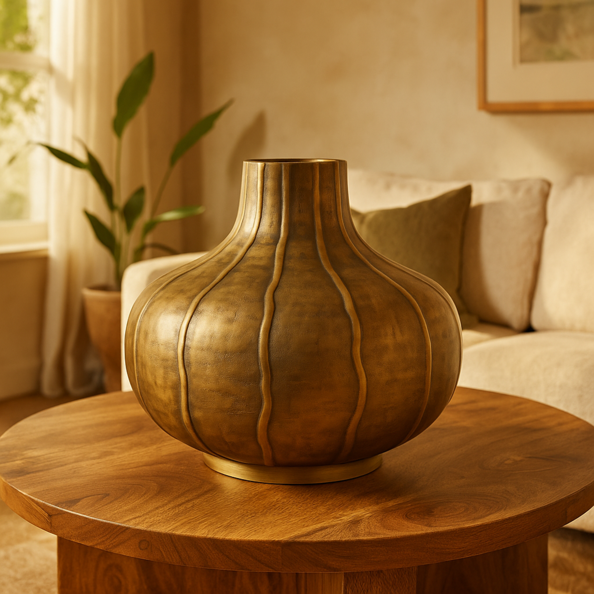 Brass Metal Wide Snakeskin Inspired Decorative Vase with Dimensional Wavy Accents