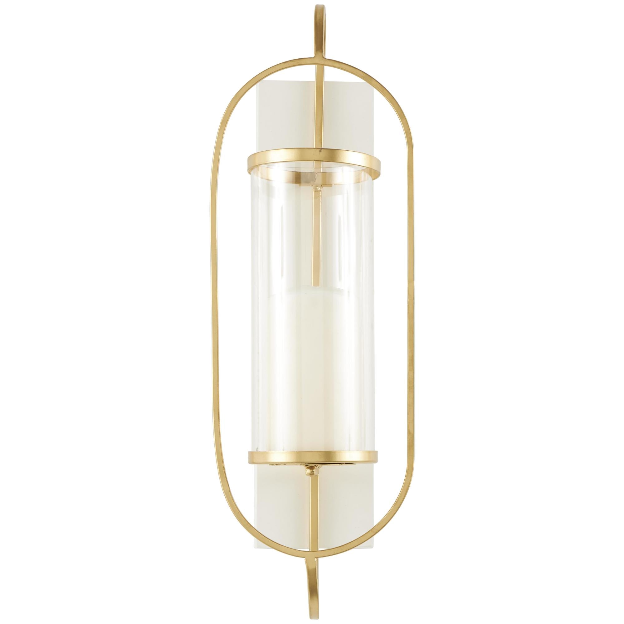 Gold Metal Oval Indoor Outdoor Wall Sconce with White Wood Backing