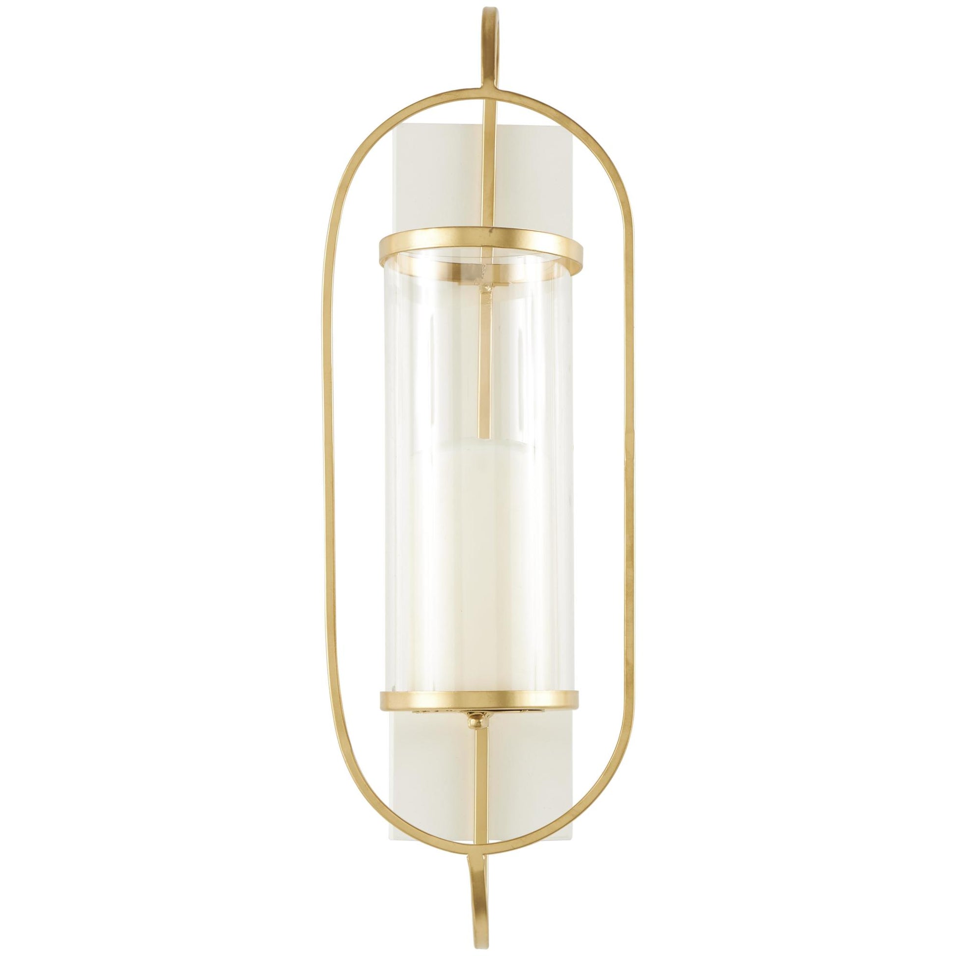 Gold Metal Oval Indoor Outdoor Wall Sconce with White Wood Backing
