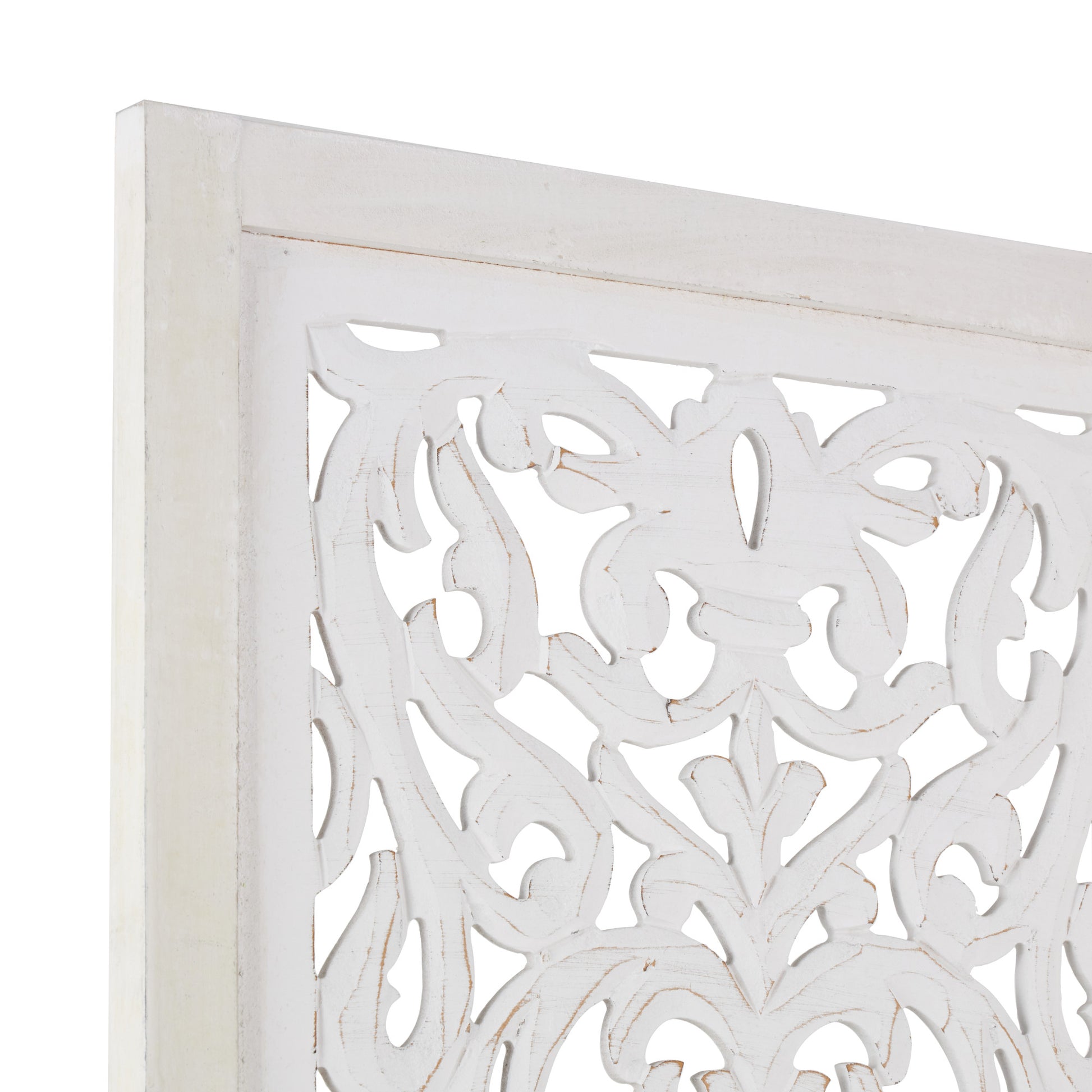 Floral White Wooden Handmade Foldable Partition 3 Panel Partition Room Divider Screen with Carved Design