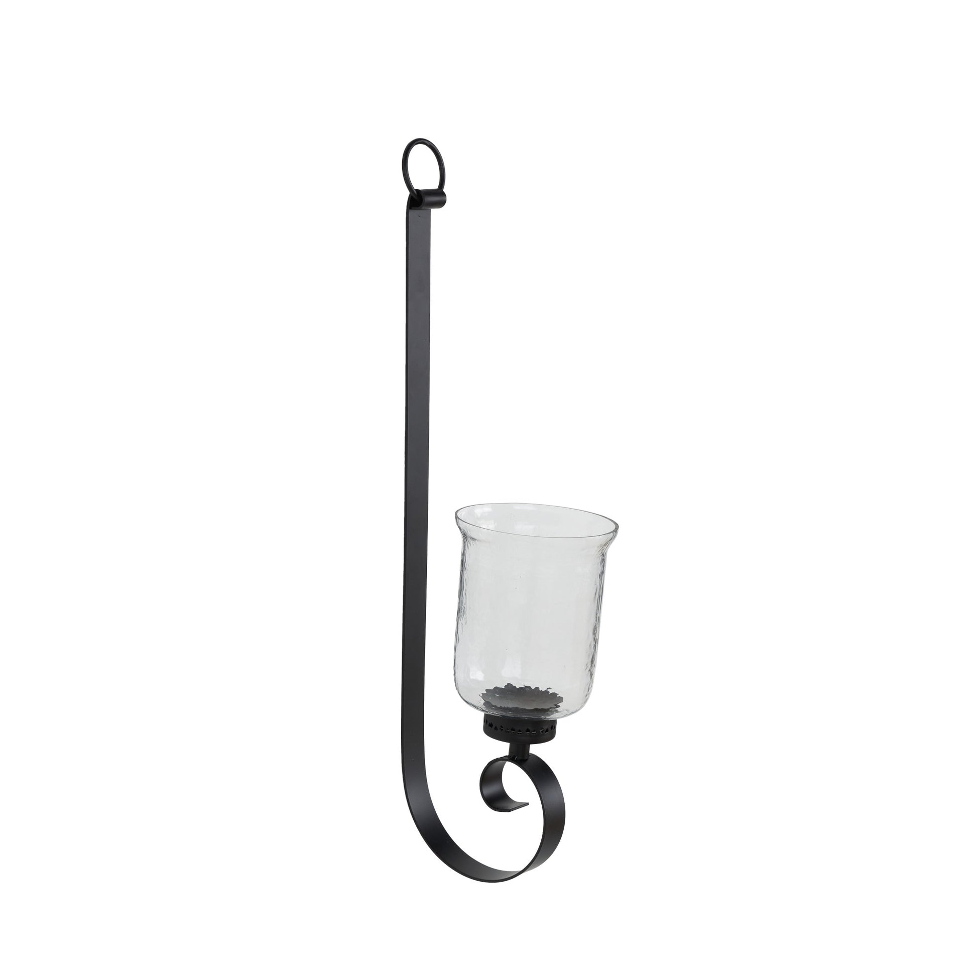 Scroll Black Metal Long Indoor Outdoor Wall Sconce with Hurricane Glass Holder