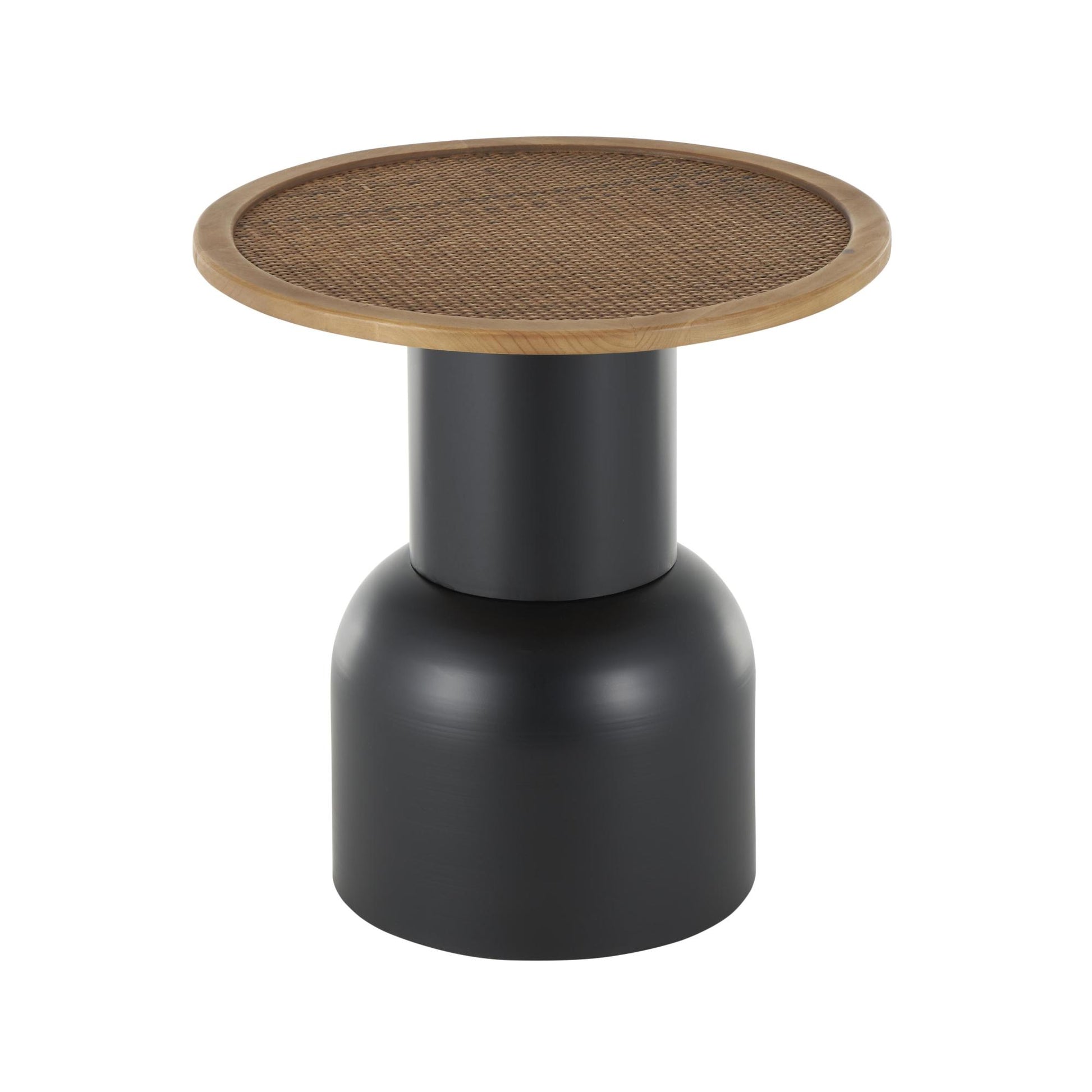 Black Metal Handmade Pedestal Side End Accent Table with Brown Rattan Tabletop