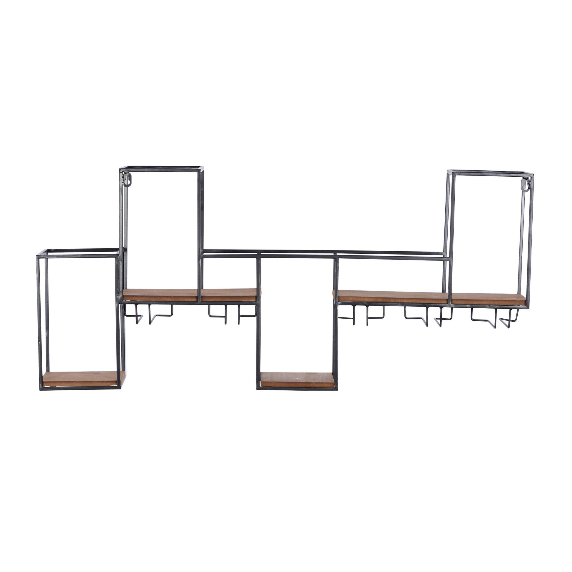 Geometric Black Metal 7 Bottle Display Wall Wine Rack with 5 Glass Holder Slots