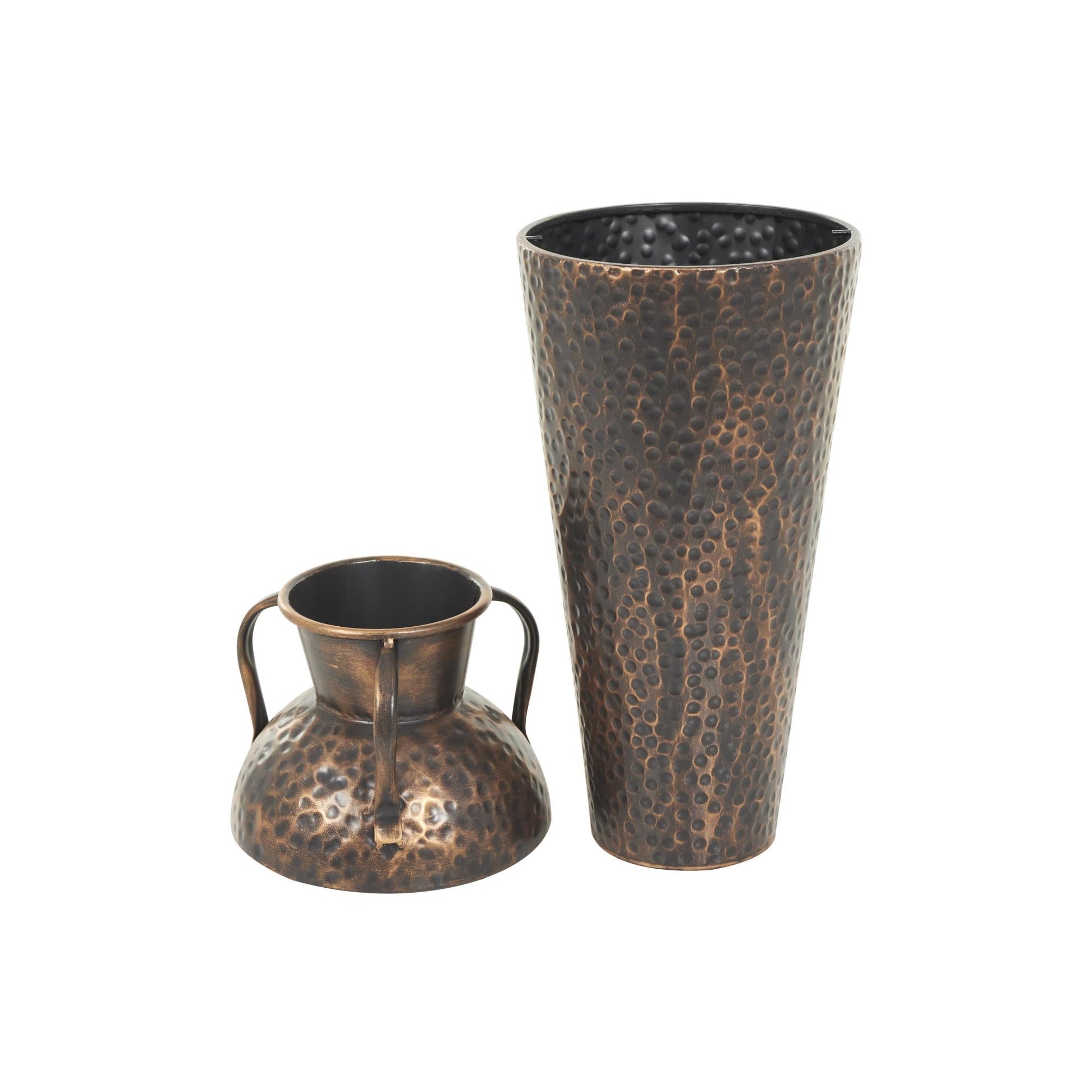 Set of 3 Copper Metal Tall Floor Weathered Amphora Decorative Vase with Hammered Details and Handles