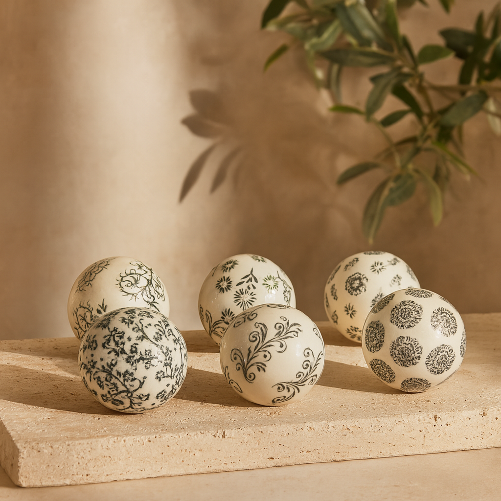 Set of 6 Floral Ceramic Glossy Decorative Orbs & Vase Filler with Varying Floral and Scroll Patterns Set of 6 3"W, 3"H