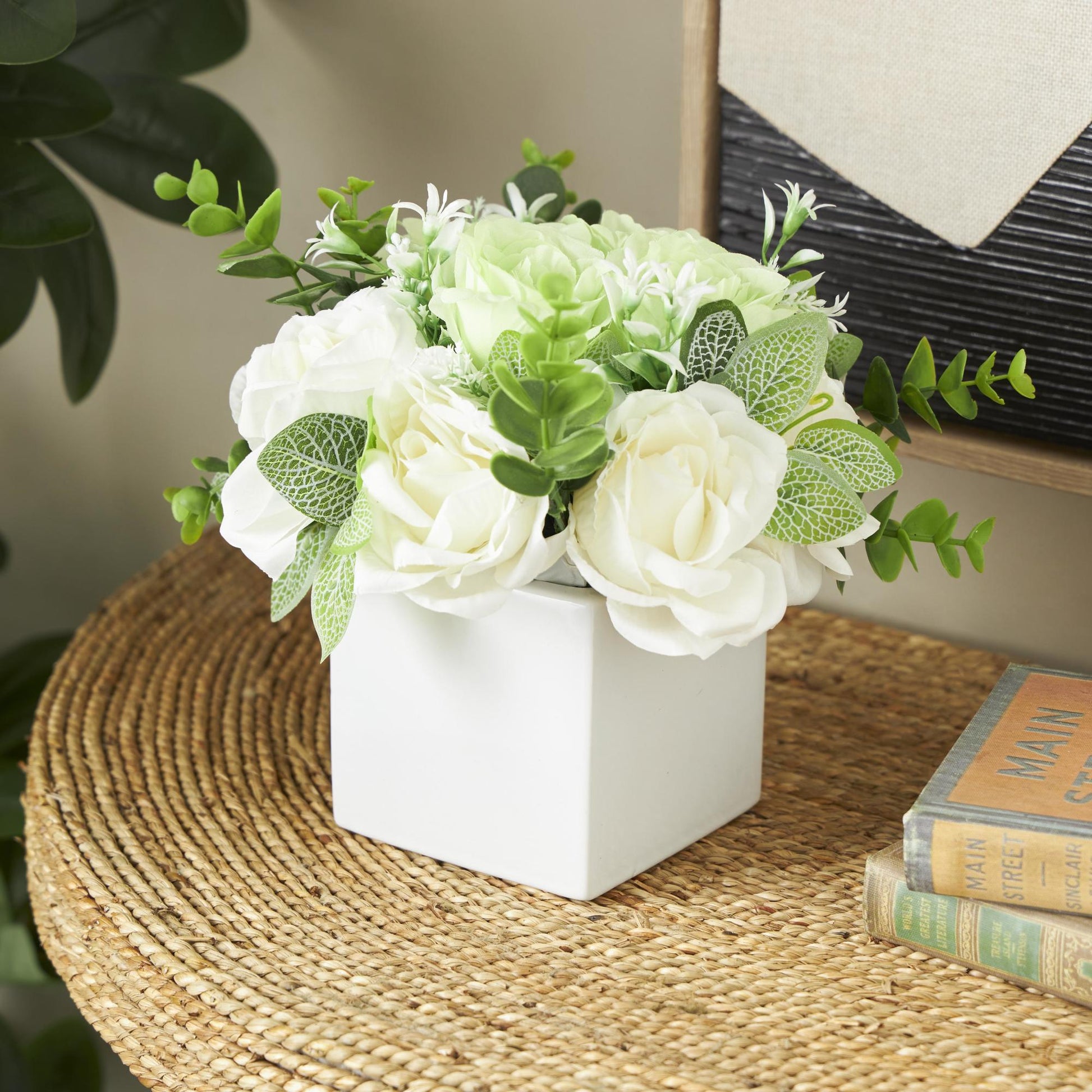 Hydrangea and Pom Pom White Fabric Indoor Outdoor Artificial Flower with Green Leaves and Square Ceramic Vase