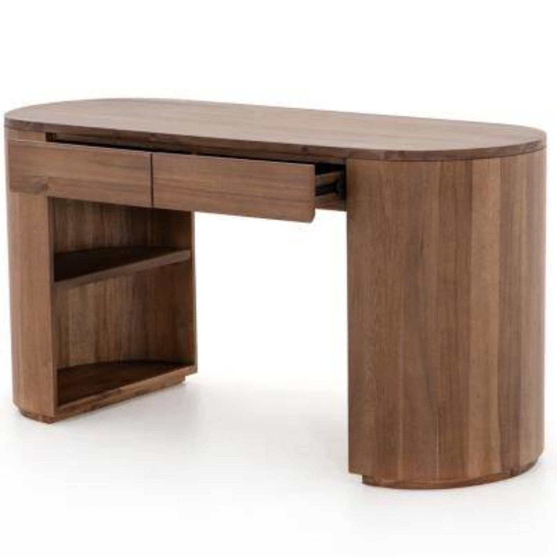 Brown Wood Oval 1 Drawer Living Room Desk with Hollow Curved Legs and Hidden Shelves