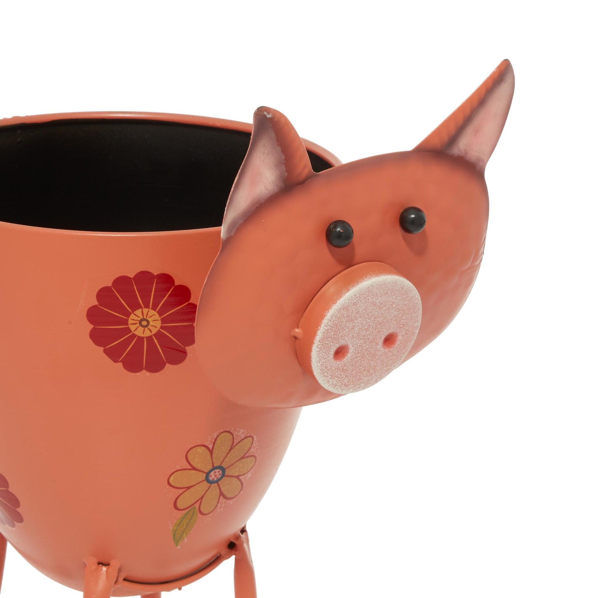 Pig Pink Metal Indoor Outdoor Planter with Floral Accents