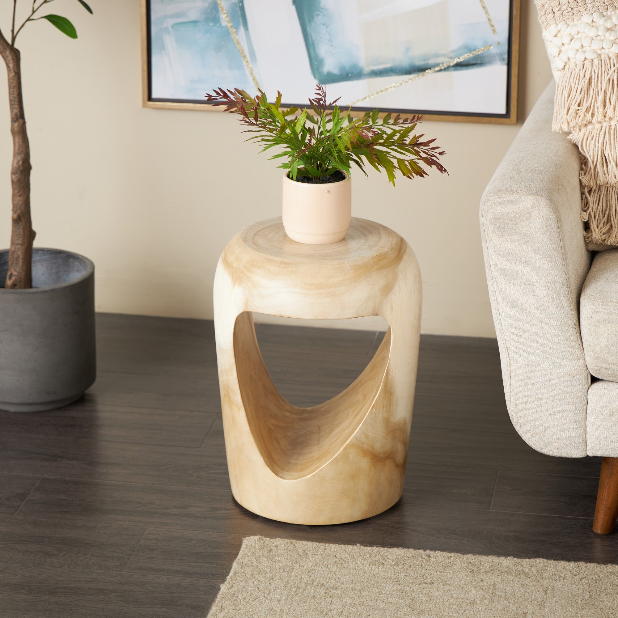 Cream Wood Handmade Living Room Stool with Triangle Cutout