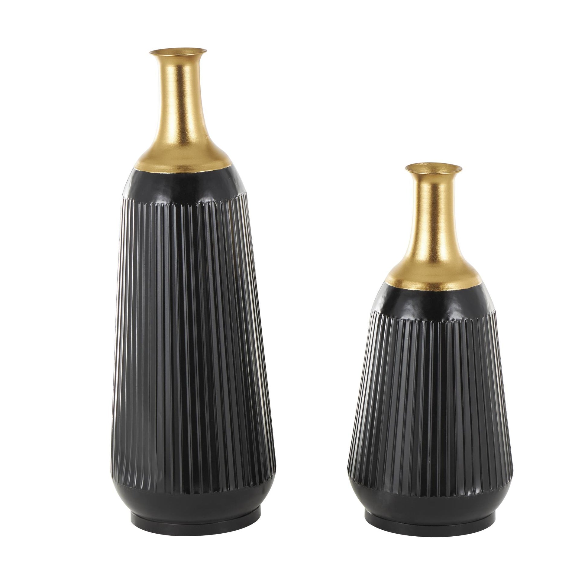 Set of 2 Black Metal Tall Ribbed Decorative Vase with Gold Tops