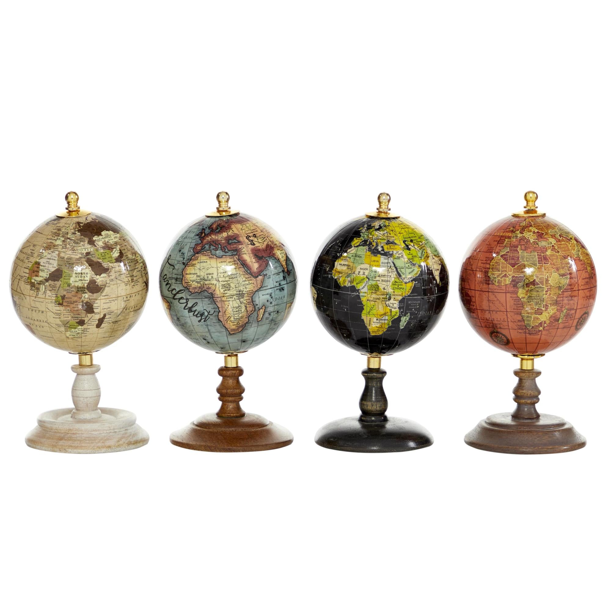 Set of 4 World Map Multi Colored Mango Wood Small Educational/Geographic Earth Globe