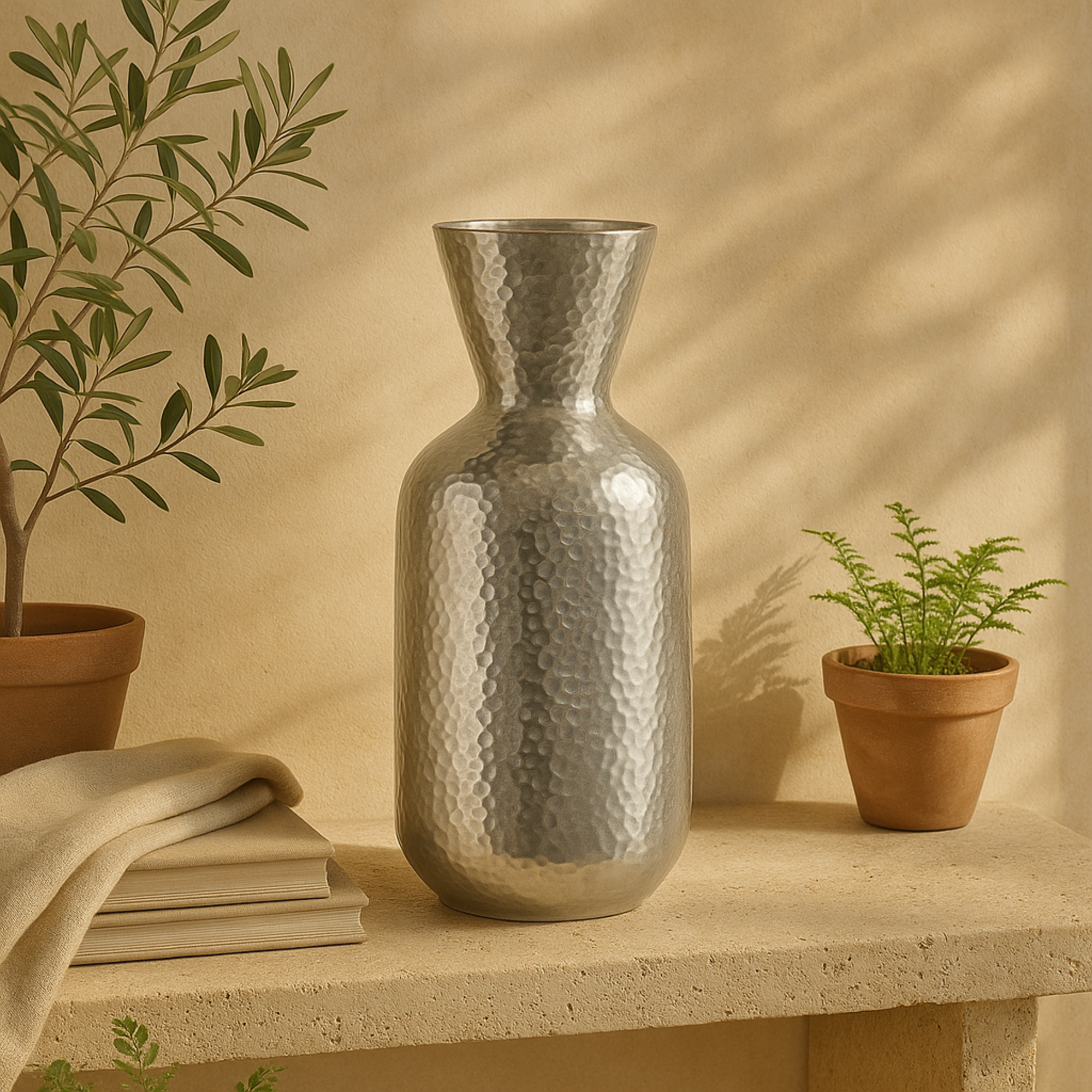 Silver Aluminum Metal Hammered Decorative Vase with Cone Shaped Opening