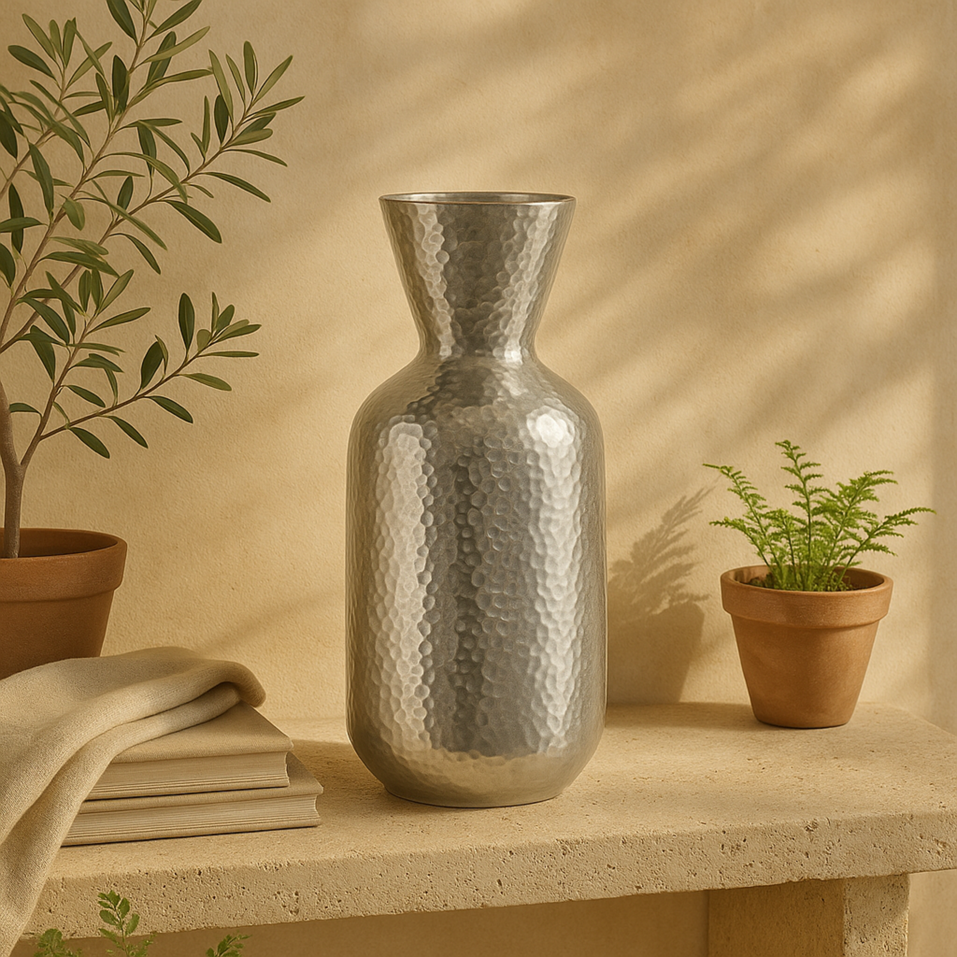 Silver Aluminum Metal Hammered Decorative Vase with Cone Shaped Opening