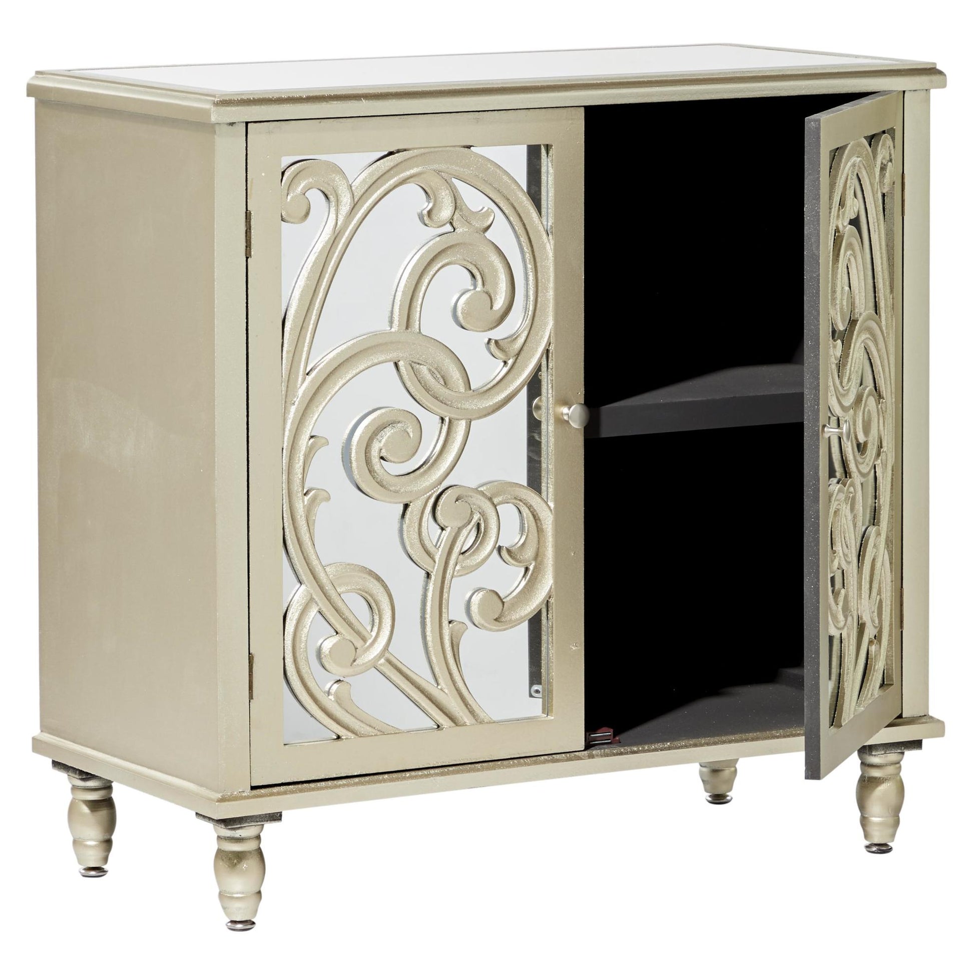 Scroll Champagne Wood Intricately Carved 2 Door Room Cabinet with Mirrored Front