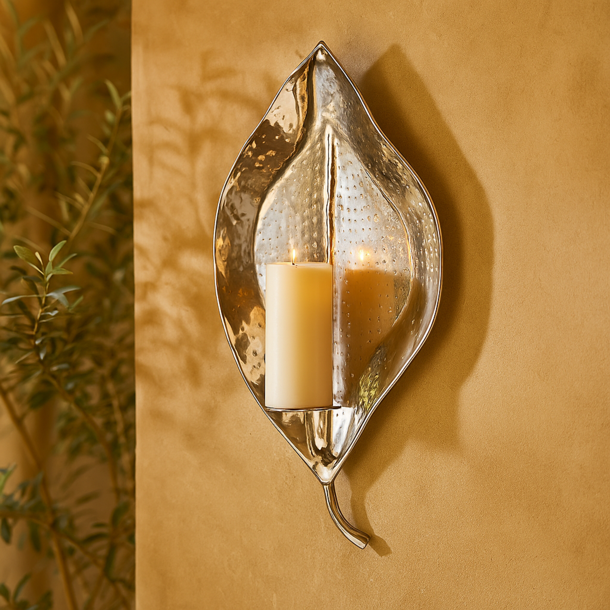 Leaf Silver Stainless Steel Metal Slim Single Candle Indoor Outdoor Wall Sconce with Hammered Design