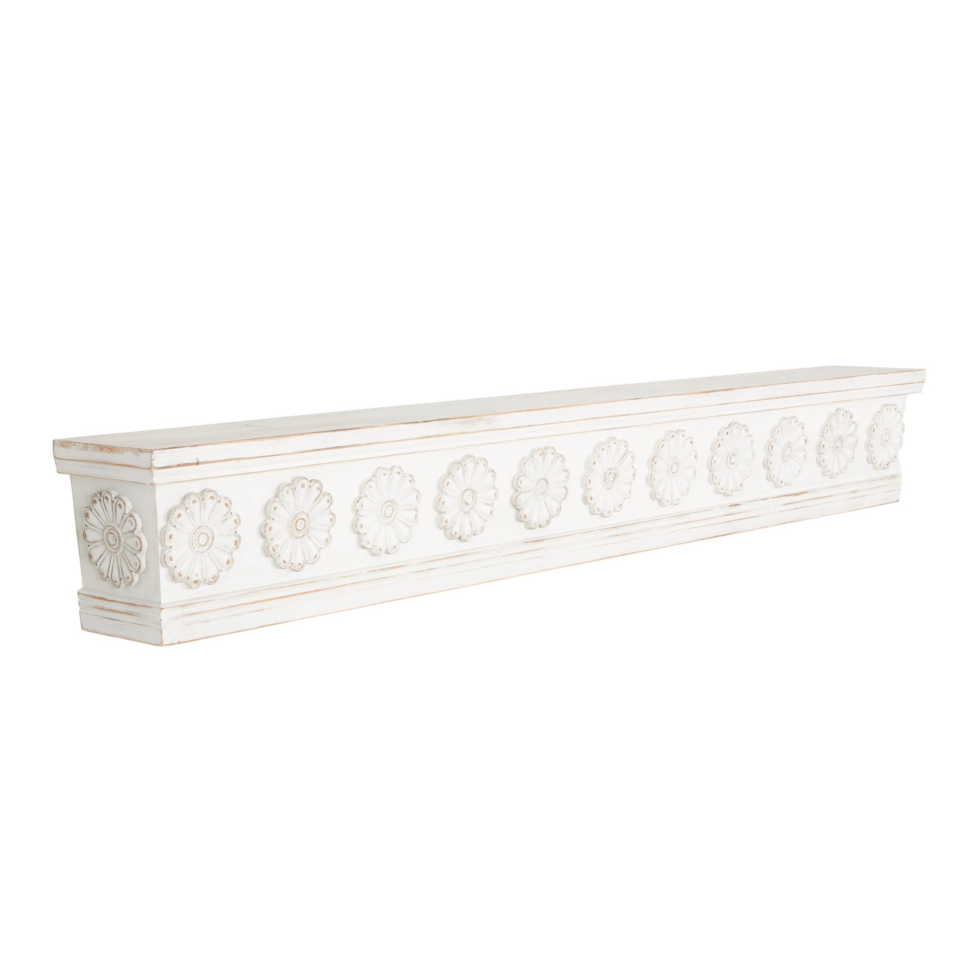 Floral White Wooden Room Wall Shelf with Brown Distressing