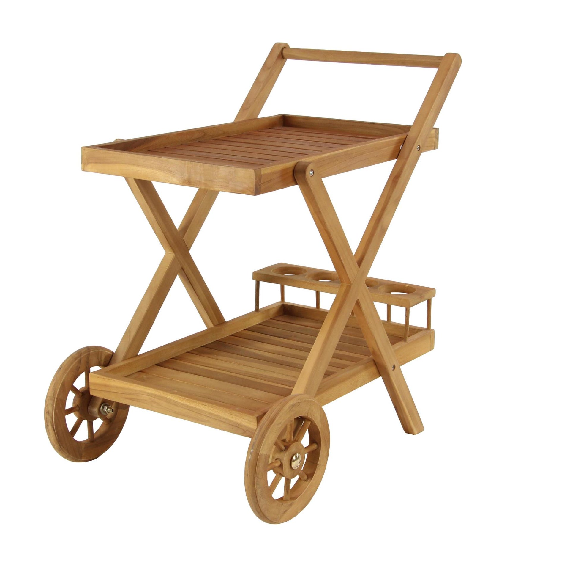 Brown Teak Wood Indoor Outdoor Rolling 2 Shelves Home Bar Cart with Wheels and Handle