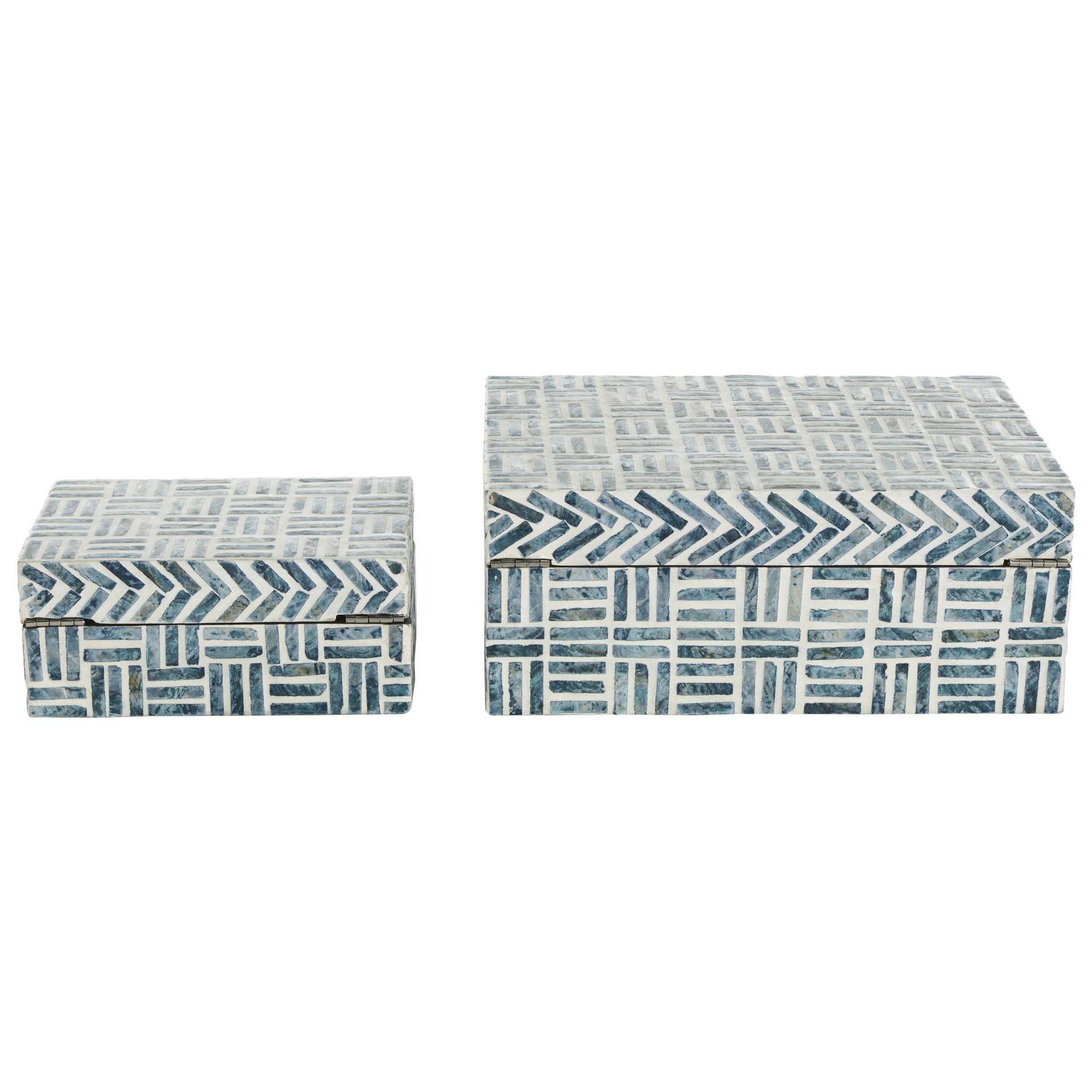 Set of 2 Geometric Blue Mother of Pearl Shell Handmade Mosaic Storage Decorative Box with Cream Underlay